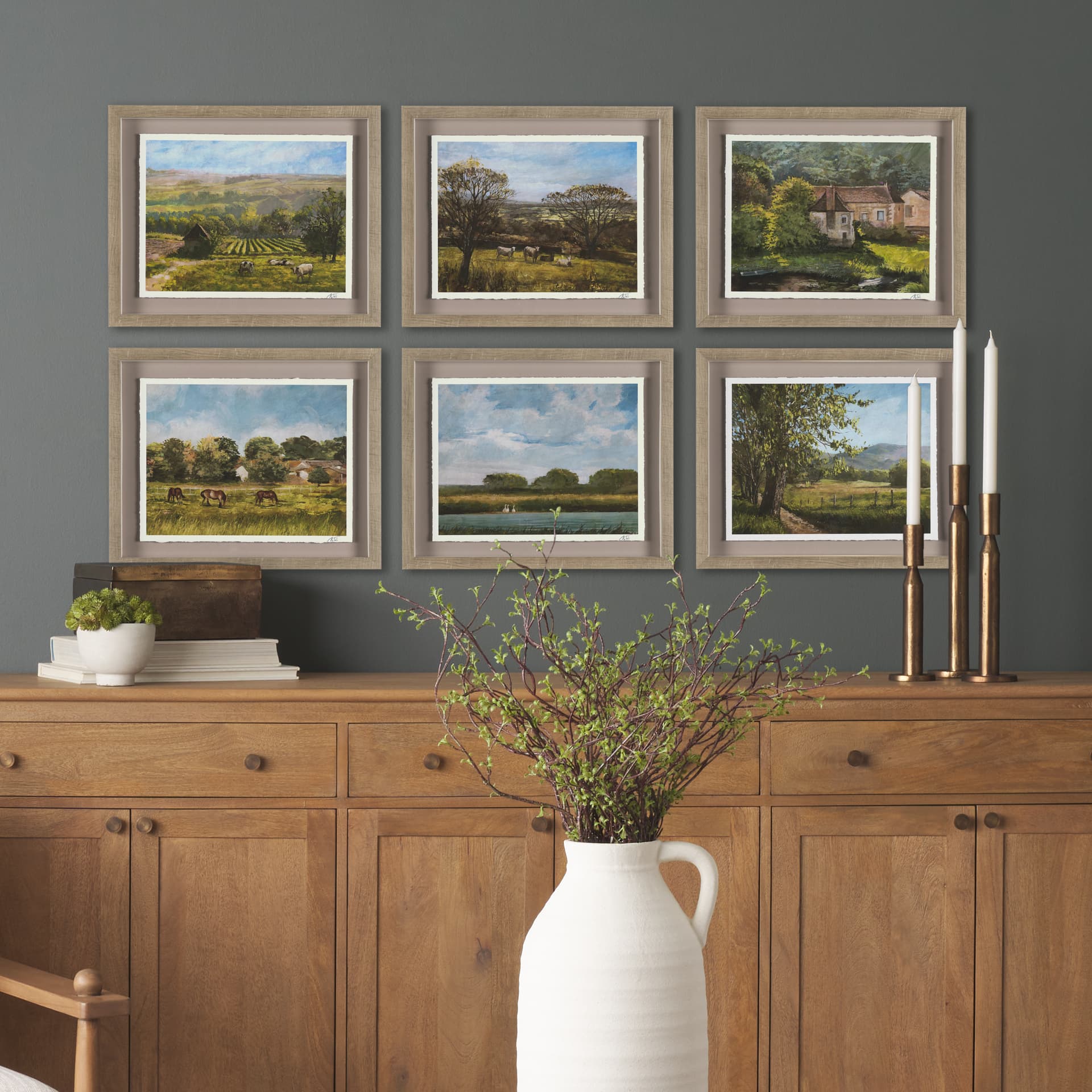 Country View(Set of 6) by Mercana Studio Hand-Embellished Textured Framed Artwork Matted under Glass — in a styled room