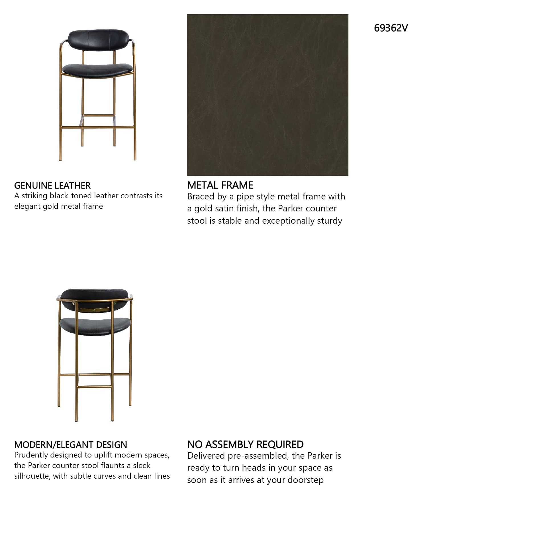 Parker Backless 36.5in Seat Counter Stool | Black Leather w/ Metal — product photograph