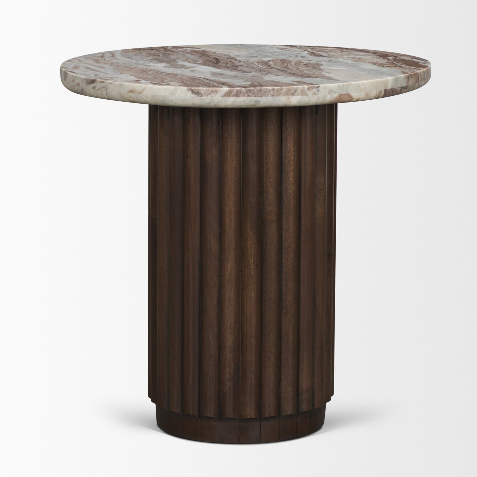Marbrello Pink Marble Top Espresso Brown Fluted Wood Round Side Table — product photograph