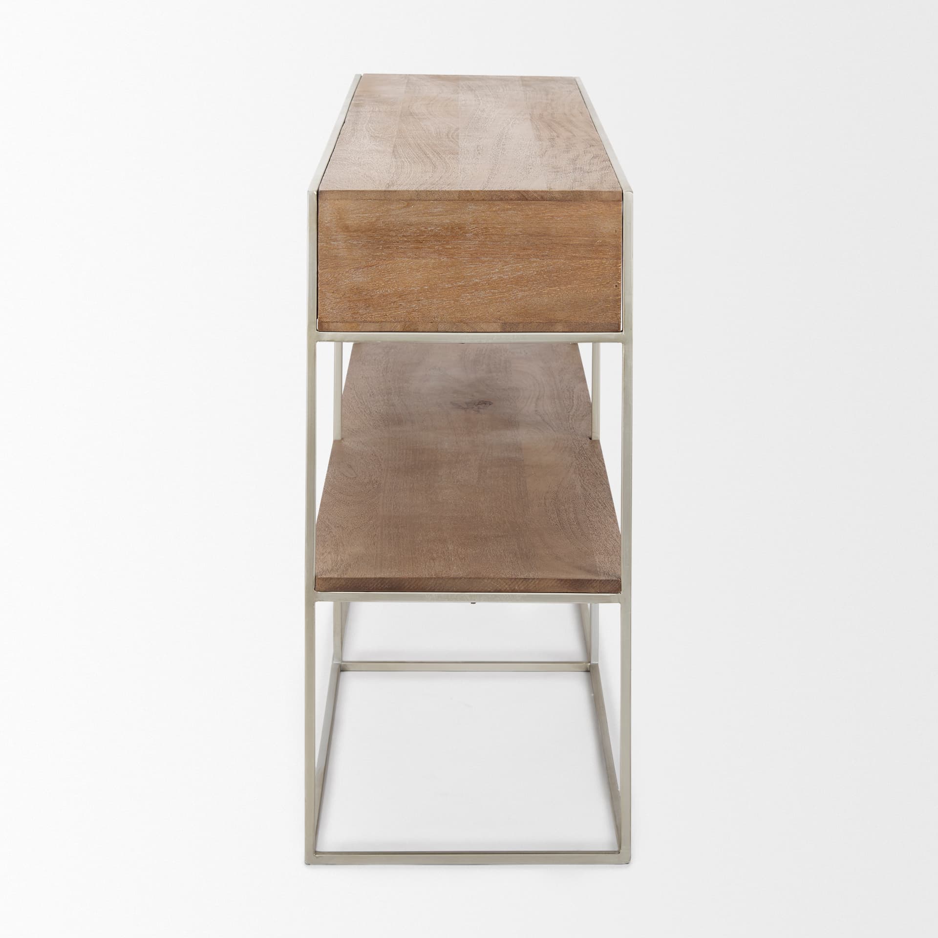 Morris I 63L x 15W x 31H Brown Wood w/ Silver Metal Frame 2 Drawer Console Table — product photograph