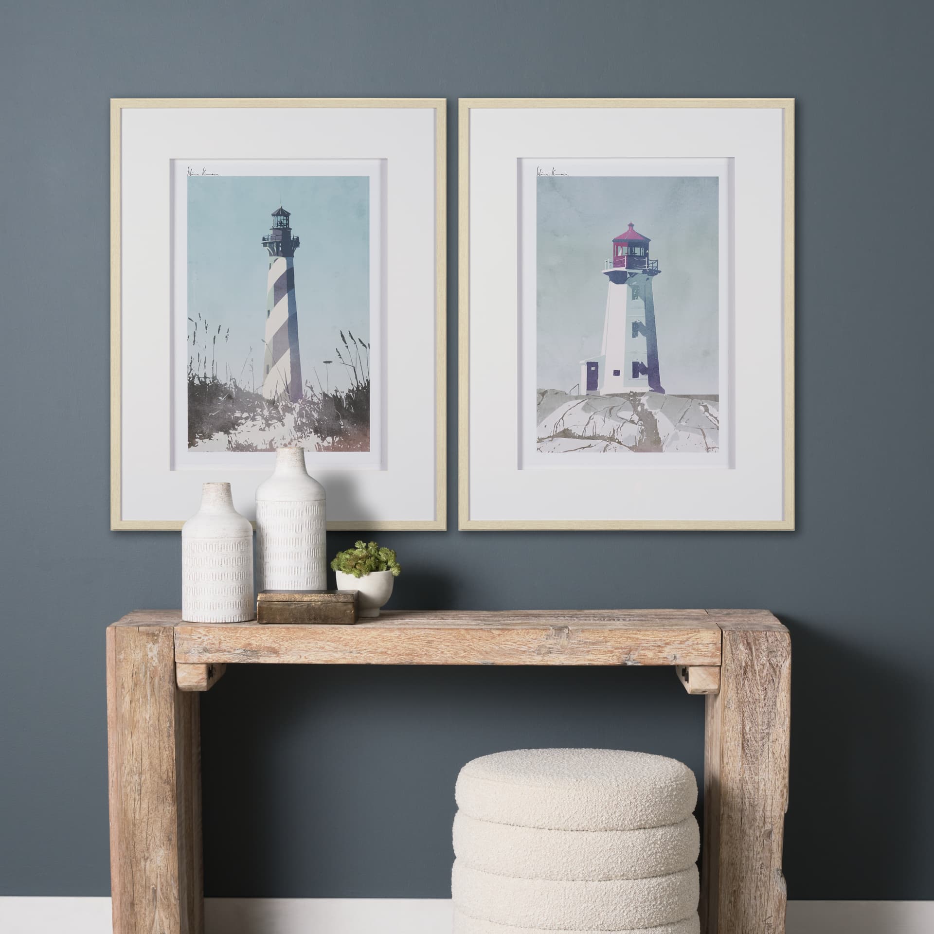 Lighthouse I-Cape Hatteras by Mercana Studio a Hand Embellished Framed Art Print Matted under Glass — in a styled room