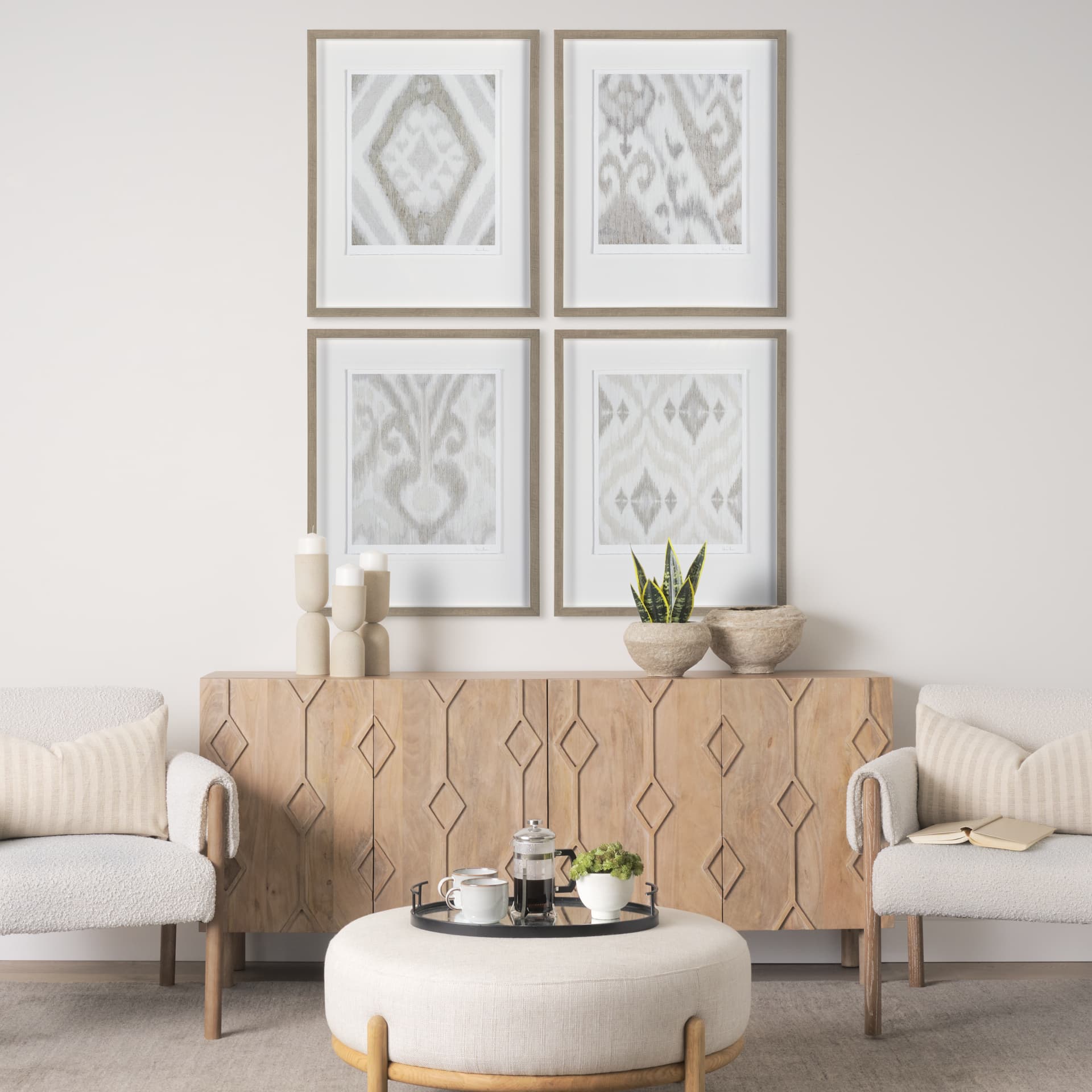 Ikat Patterns V by Silvia Krause a Hand Embellished Textured Framed Art Print Matted under Glass — in a styled room