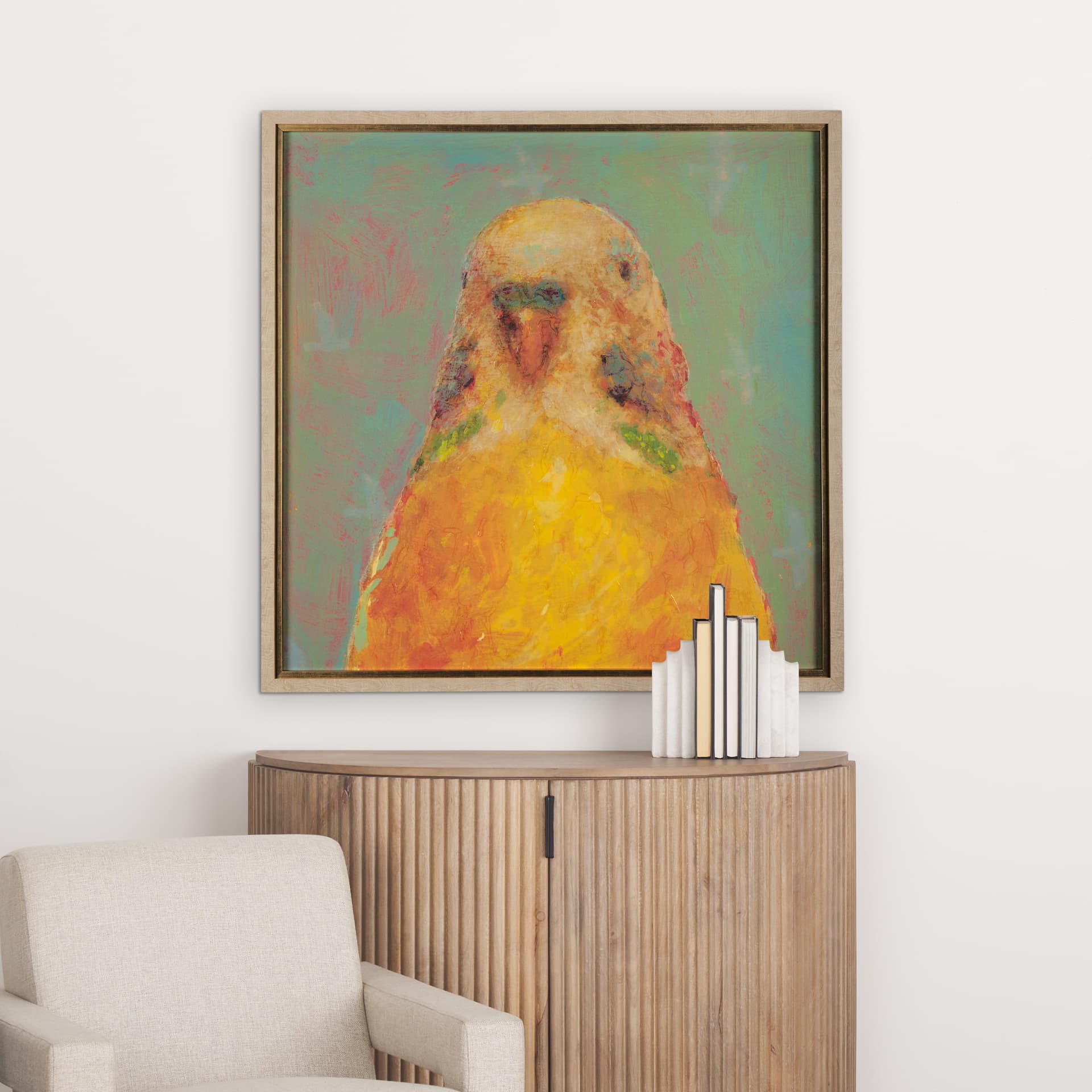 Pop Birds - Flit by Mercana Studio a Hand Embellished Textured Framed Art Print Matted under Glass — in a styled room