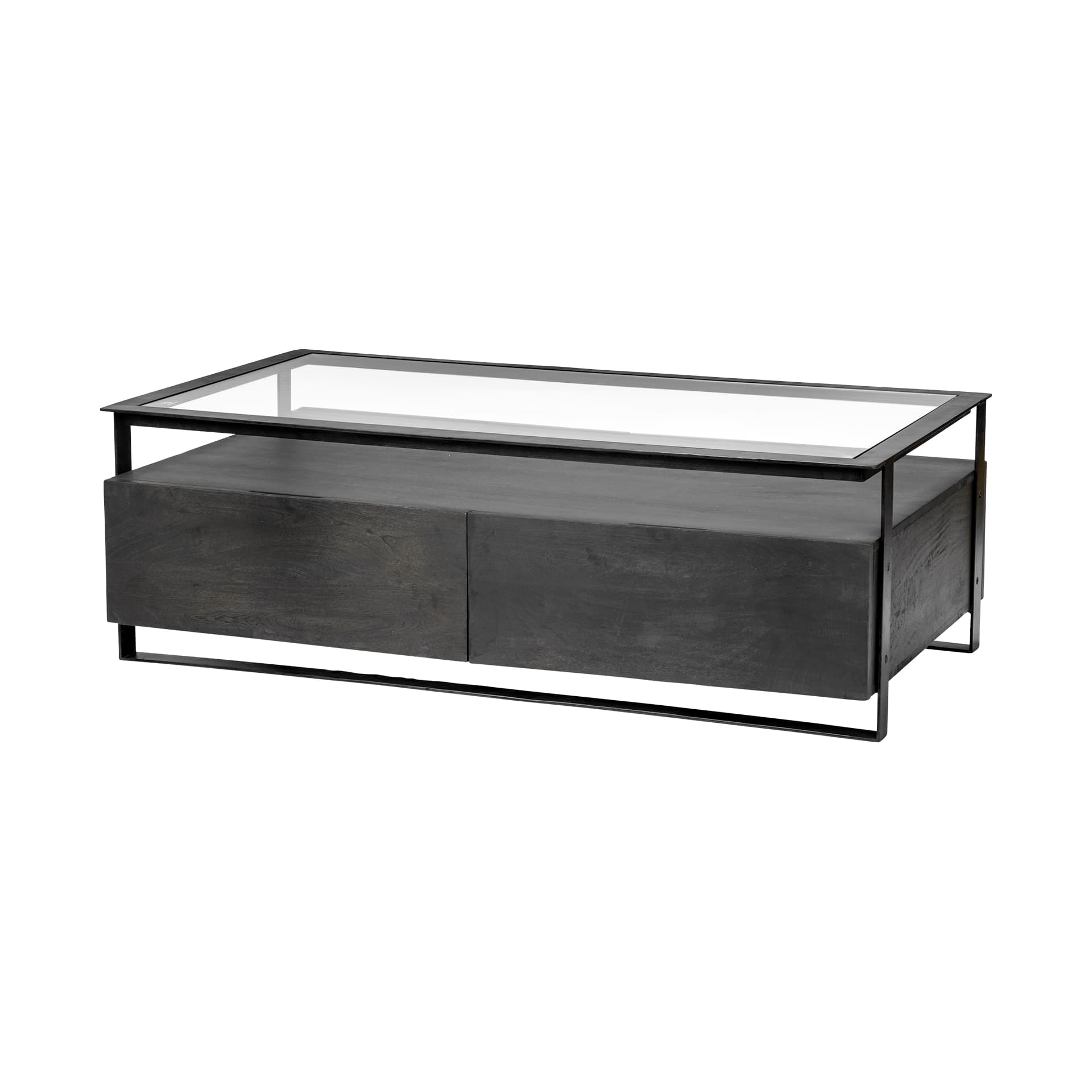 Vidro 54x30 Rectangular Glass Top Black Solid Wood Drawers & Black Frame Coffee Table — product photograph