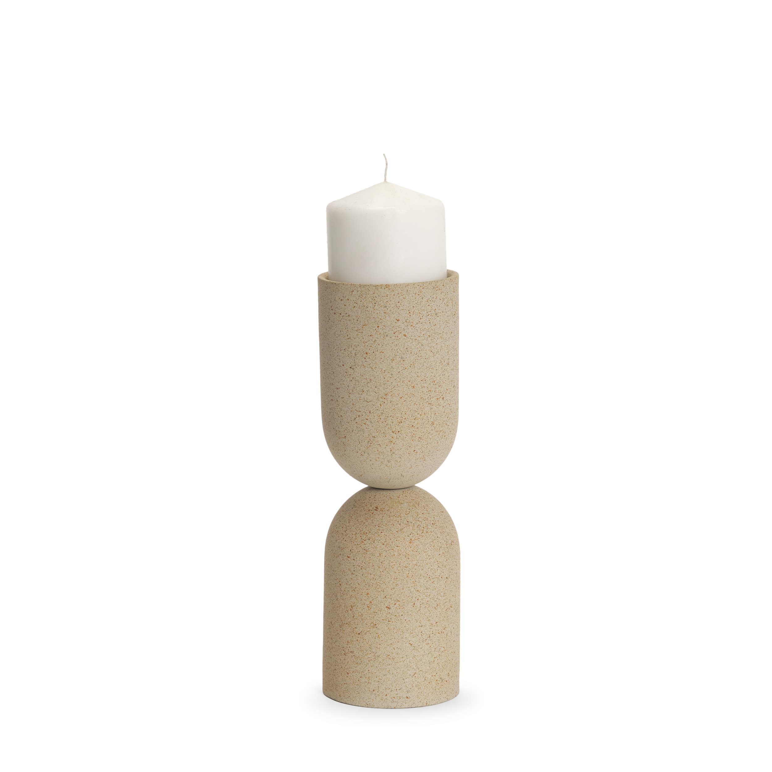Qamra Medium Beige Textured Metal Pillar Candle Holder Candle Holder — product photograph