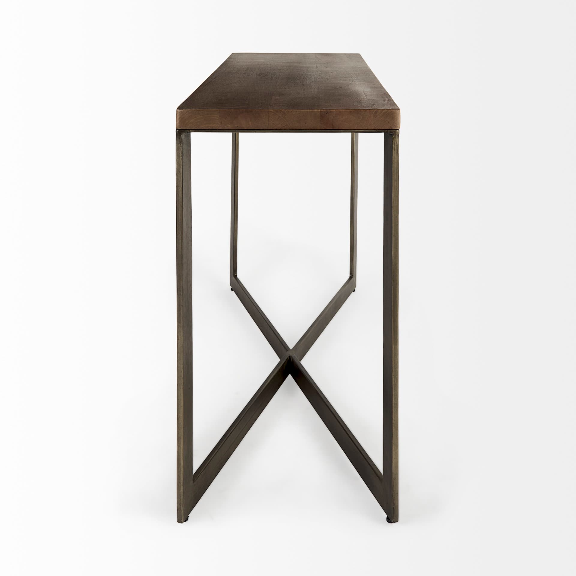 Faye 50L x 15W x 30H Medium Brown Wood W/Antique Nickel Metal Base Console Table — product photograph