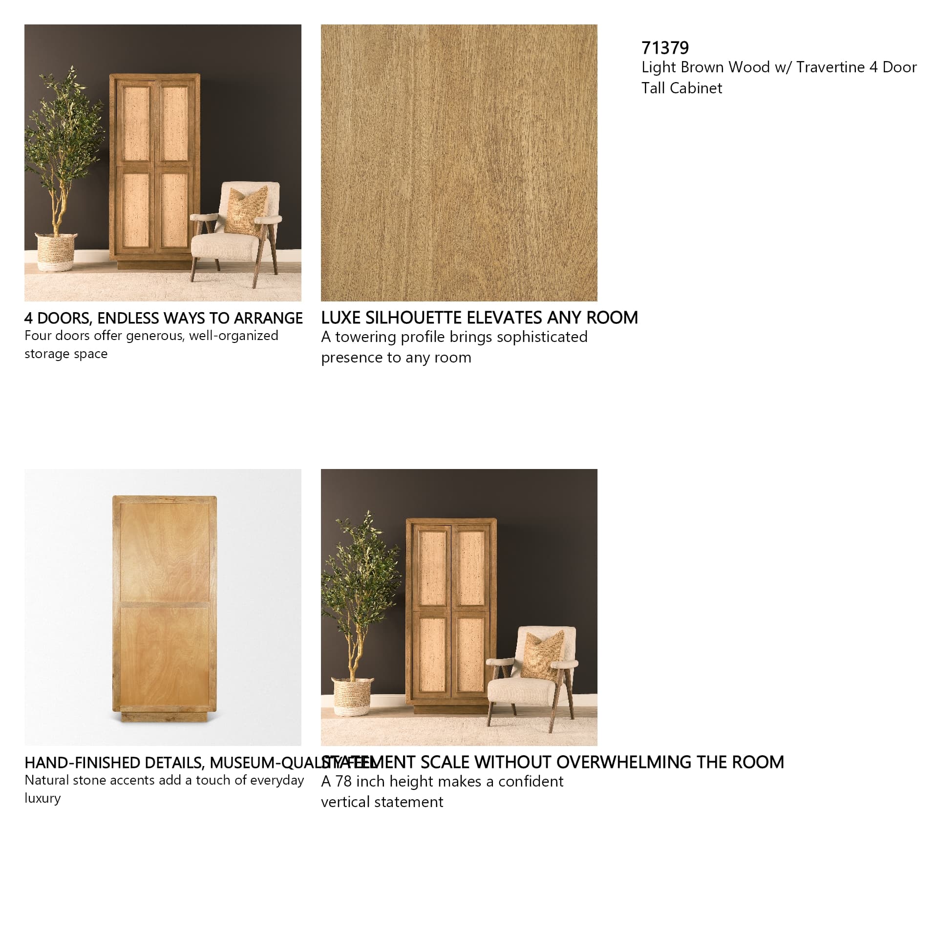 Valterra Light Brown Wood w/ Travertine 4 Door Tall Cabinet — product photograph