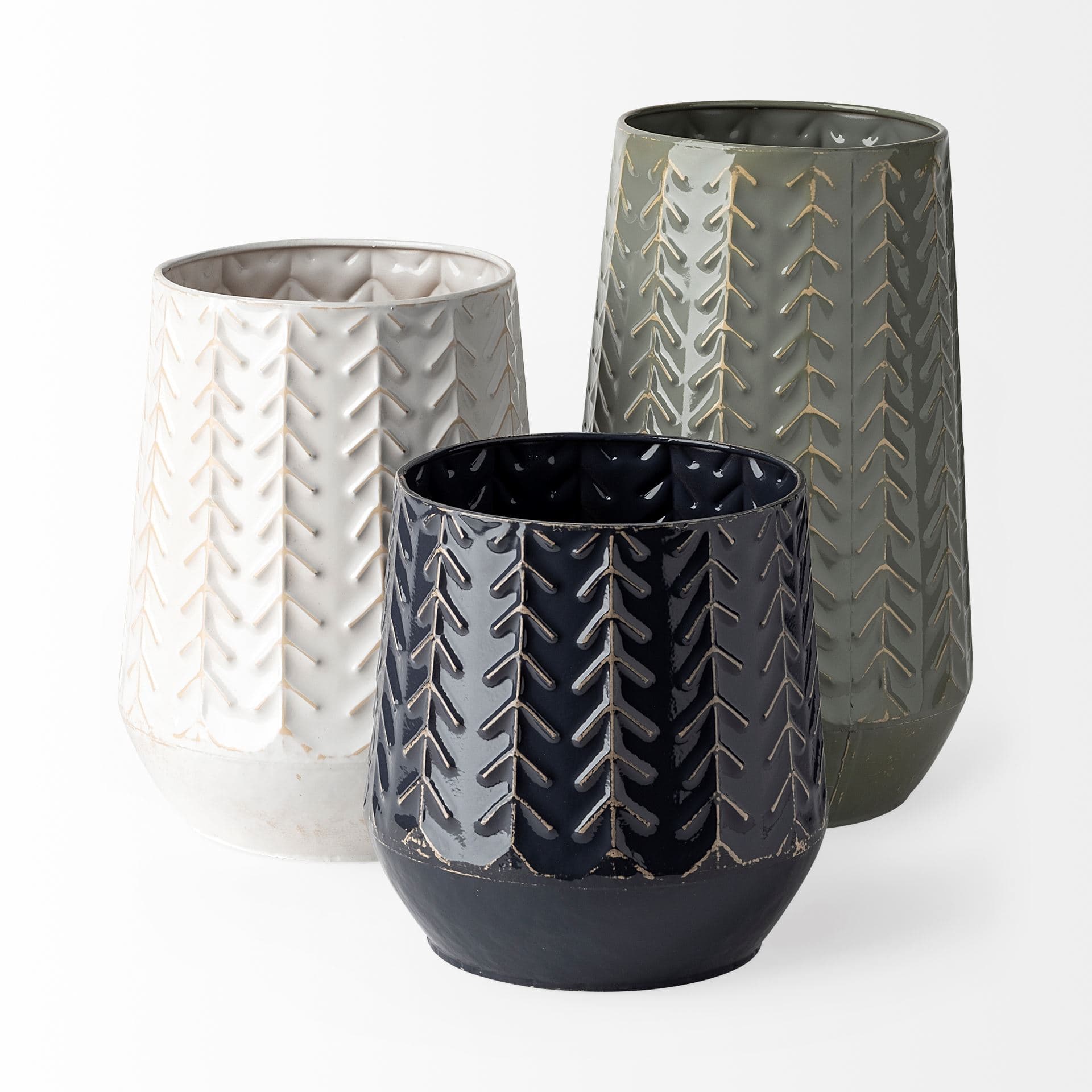Gemma III Metal Glossy Green/Gray Chevron Vase — product photograph