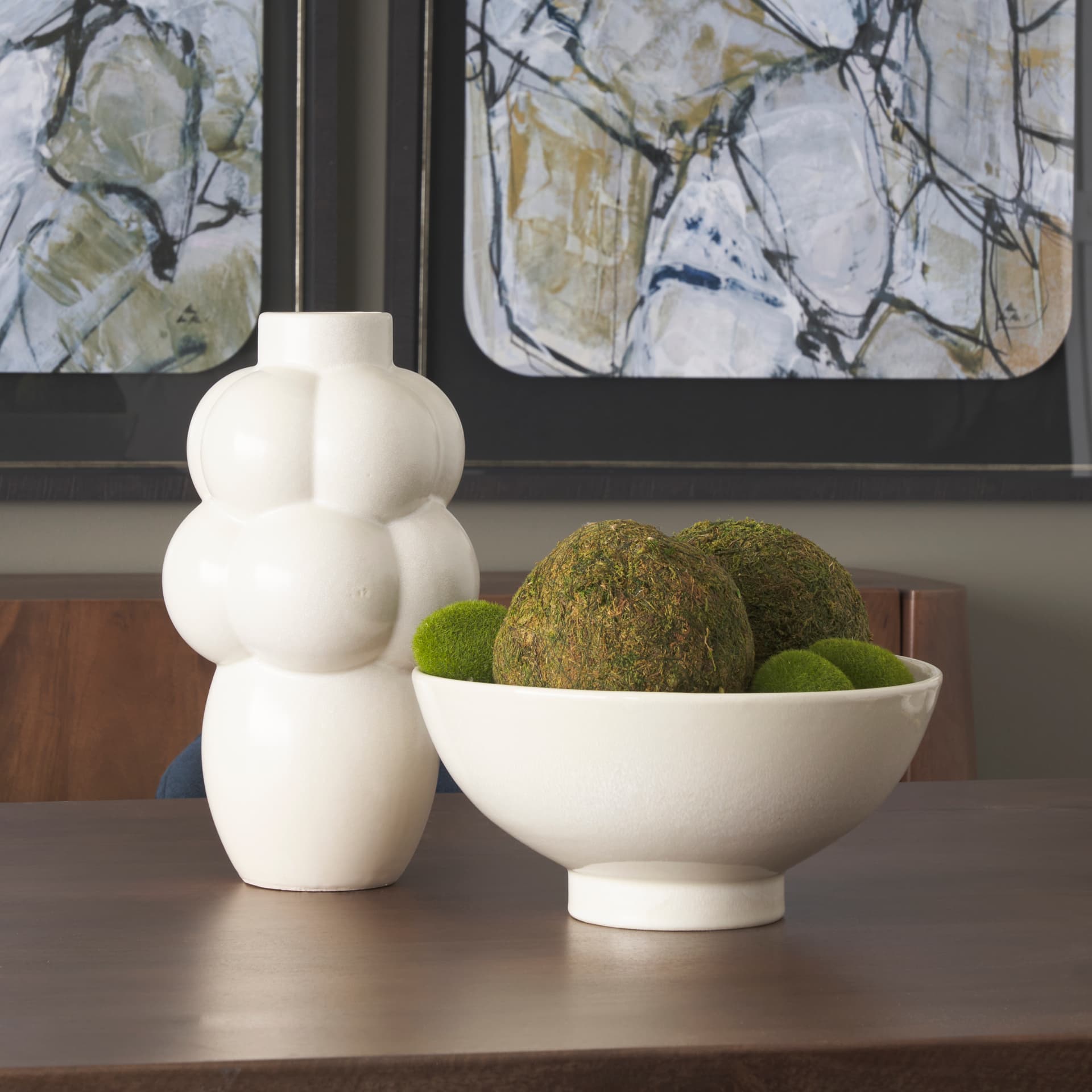 Tyren Cream Glazed Decorative Round Ceramic Bowl — in a styled room