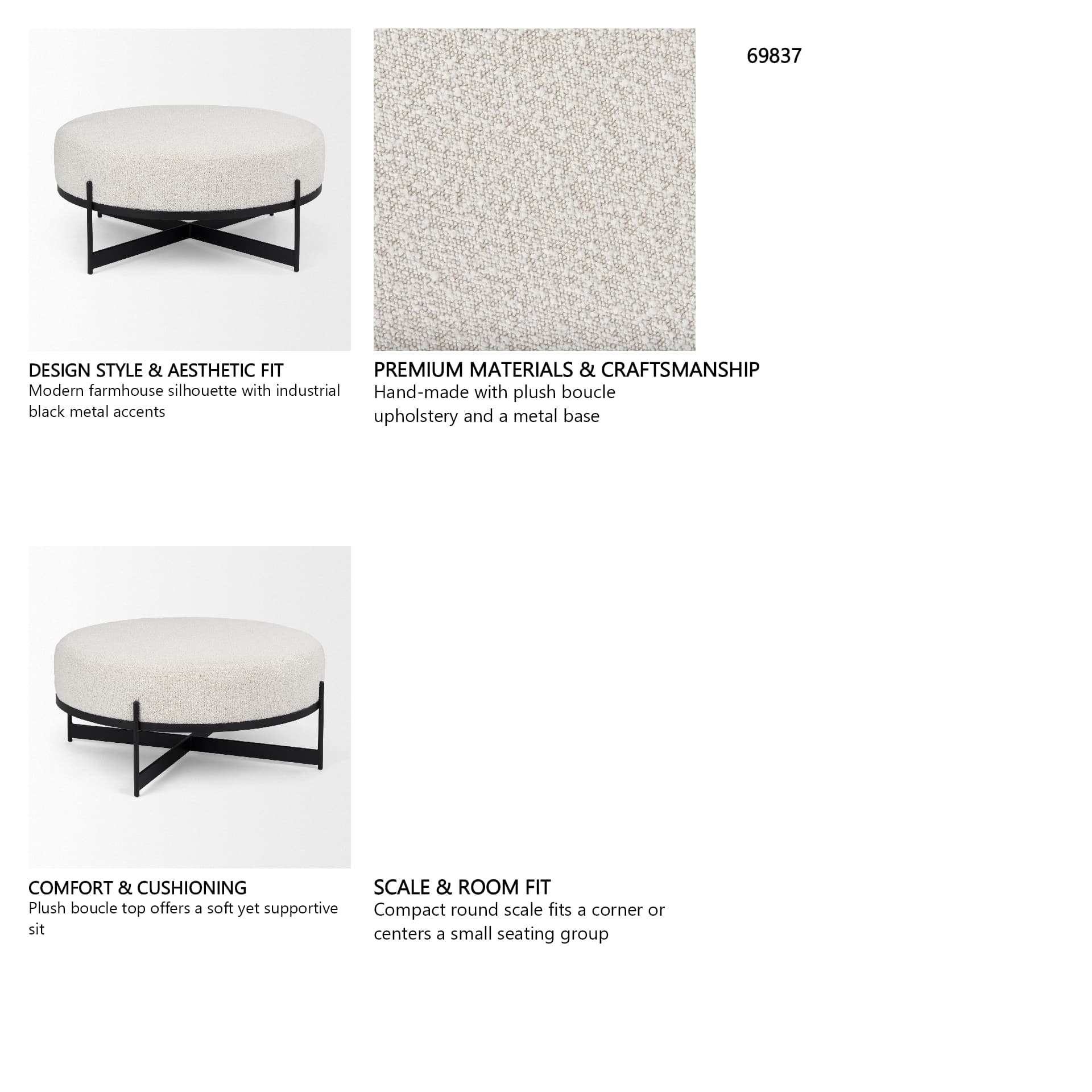Amelia 35.8L x 35.8W x 17.5H Cream Boucle W/Black Metal Upholstered Ottoman — in a styled room