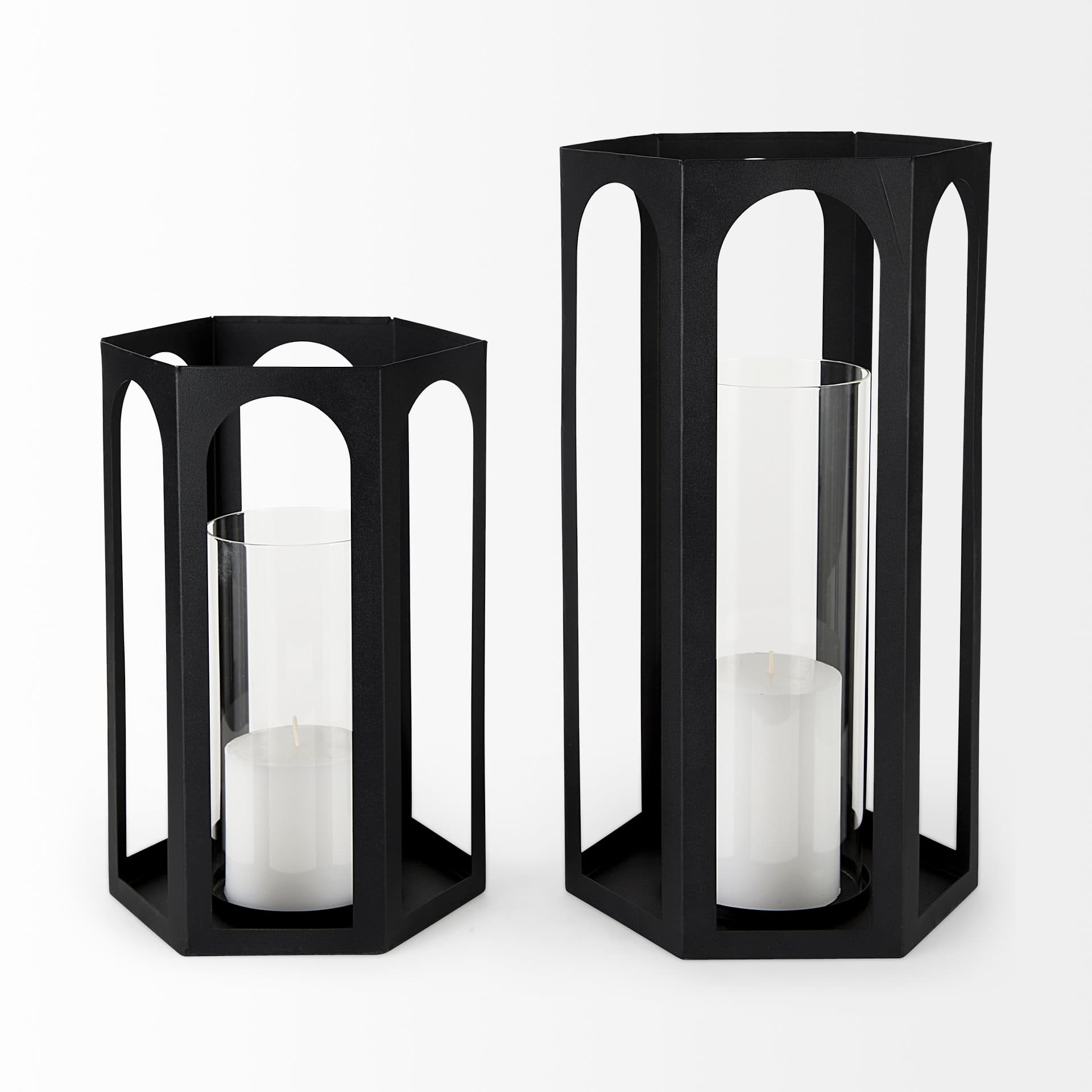 Balley 9.4L x 9.4W x 19.7H Set of Two Matte Black Metal Hexagonal Candle Holder Lanterns — product photograph