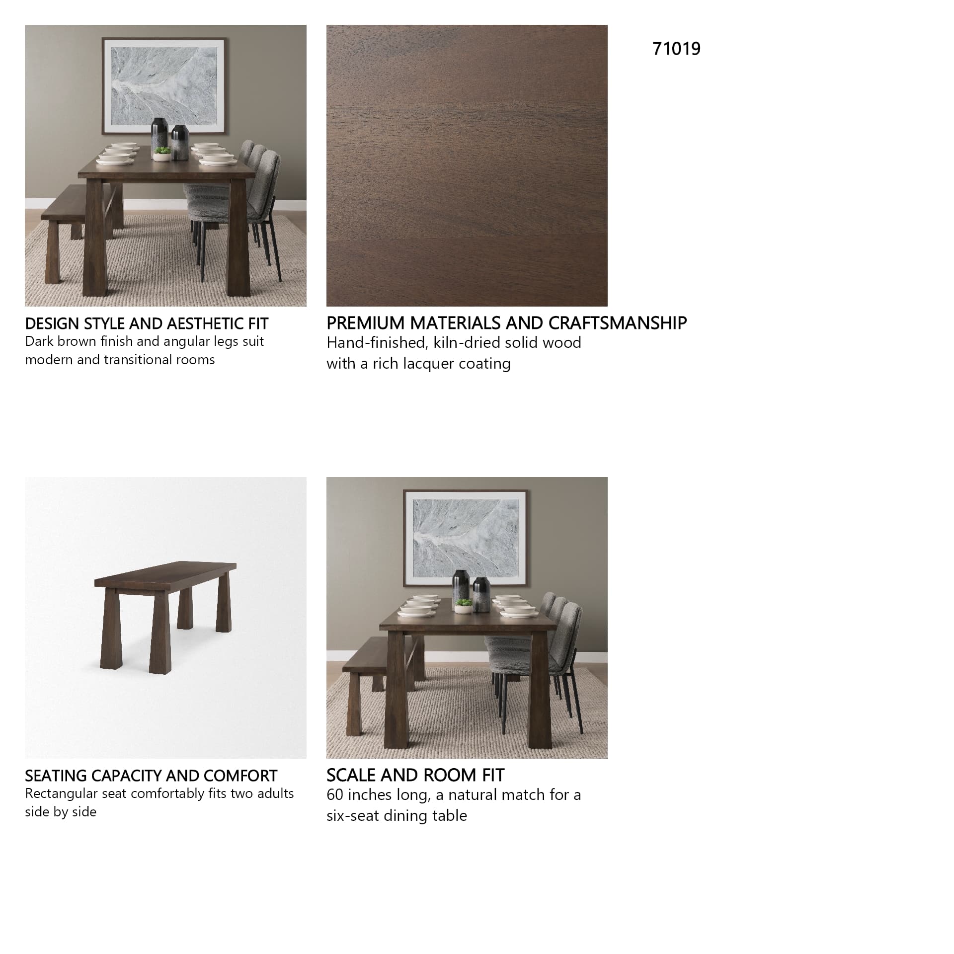 Wolcott Rectangular Dark Brown Solid Wood Bench — in a styled room
