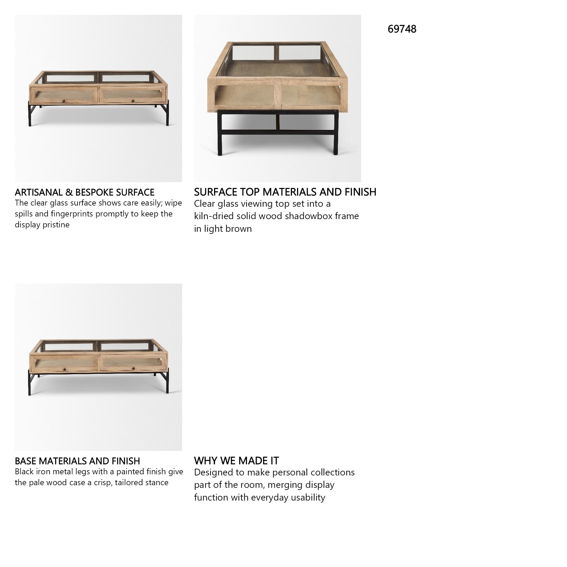 Arelius 49.5"L Rectangular Light Brown Wood w/ Black Metal Base Display Coffee Table — in a styled room