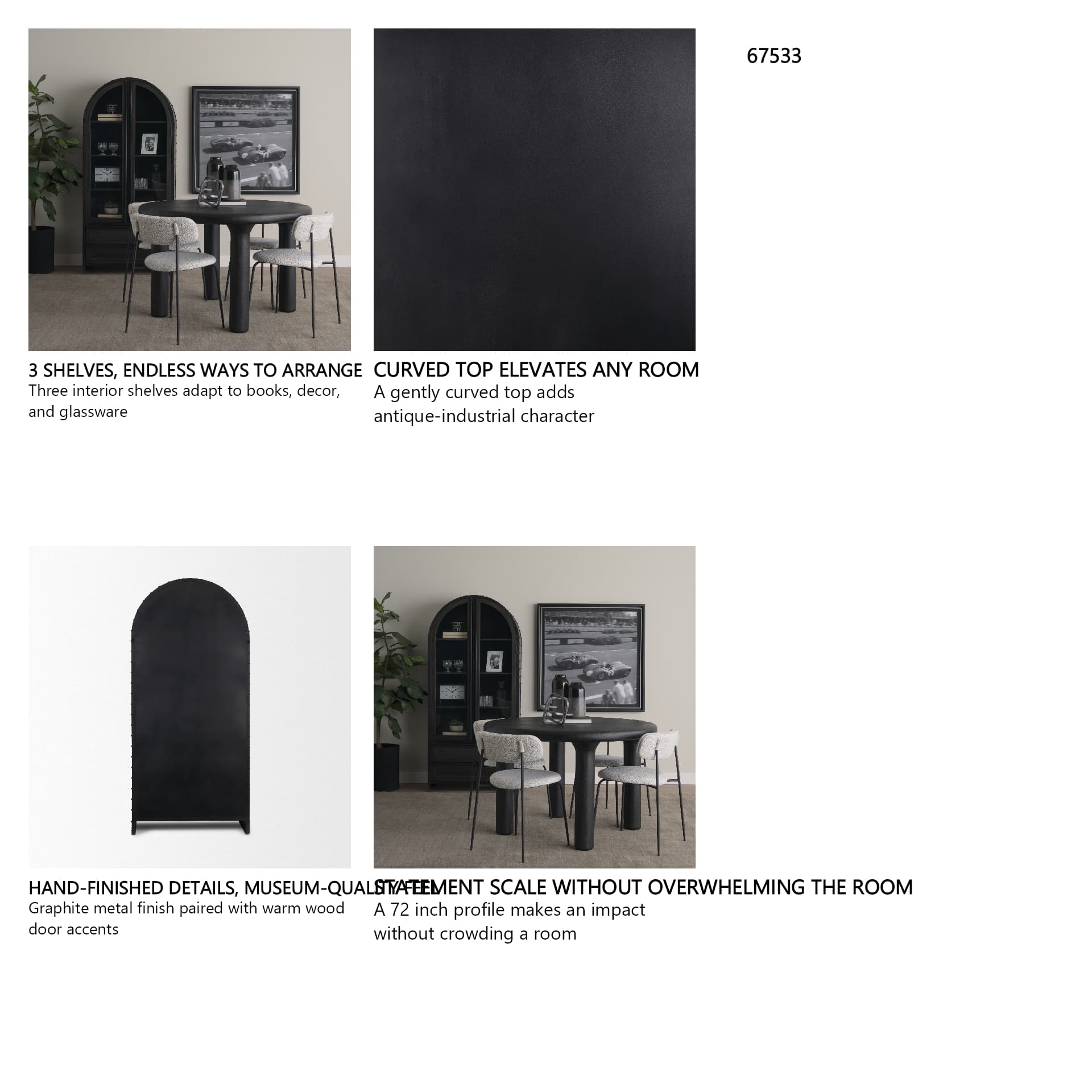 Gehry 72.3" H Dark Brown Metal Brown Wood and Glass Door Display Cabinet — in a styled room