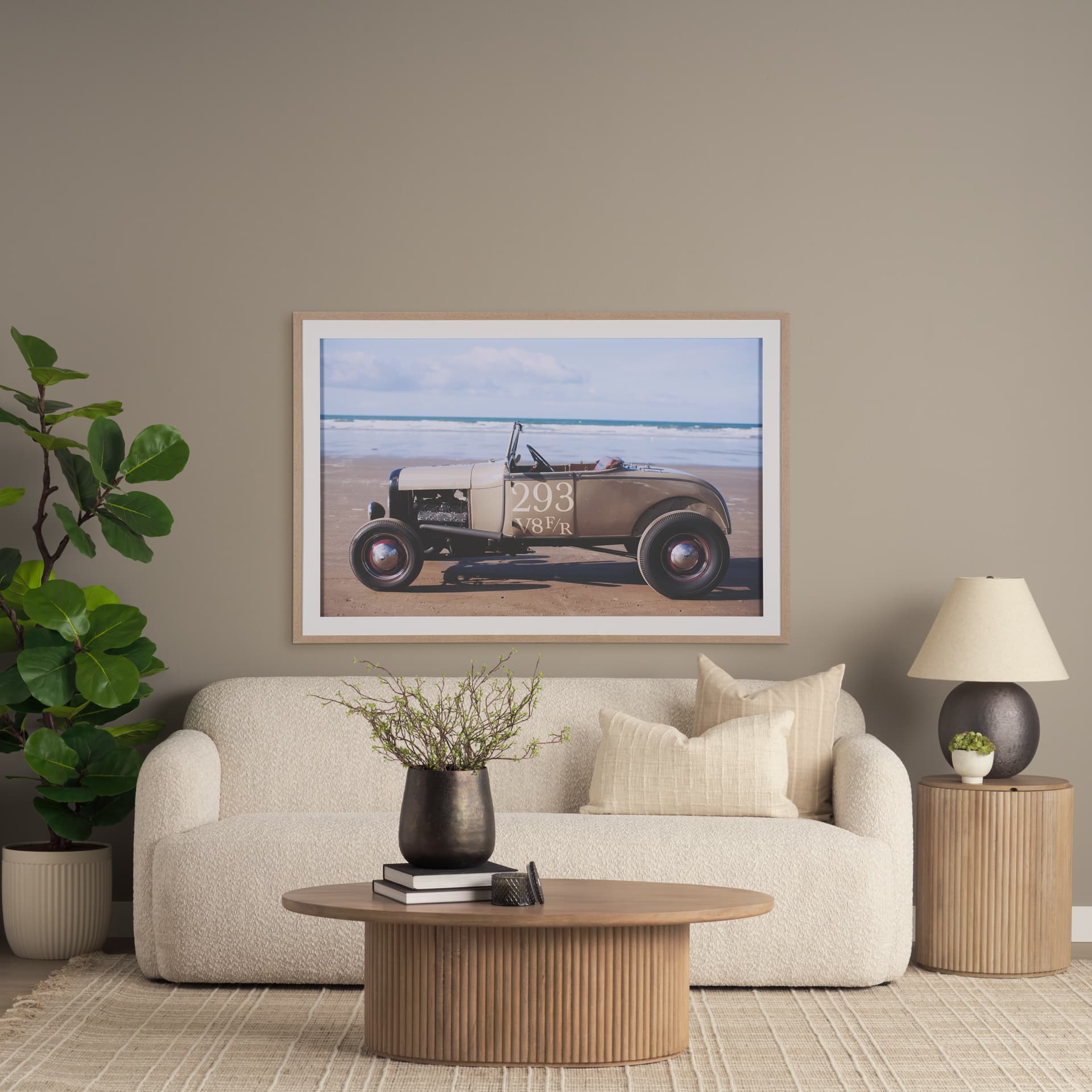 Terra 48L x 28W x 15H Light Brown Wood Oval Fluted Coffee Table — in a styled room