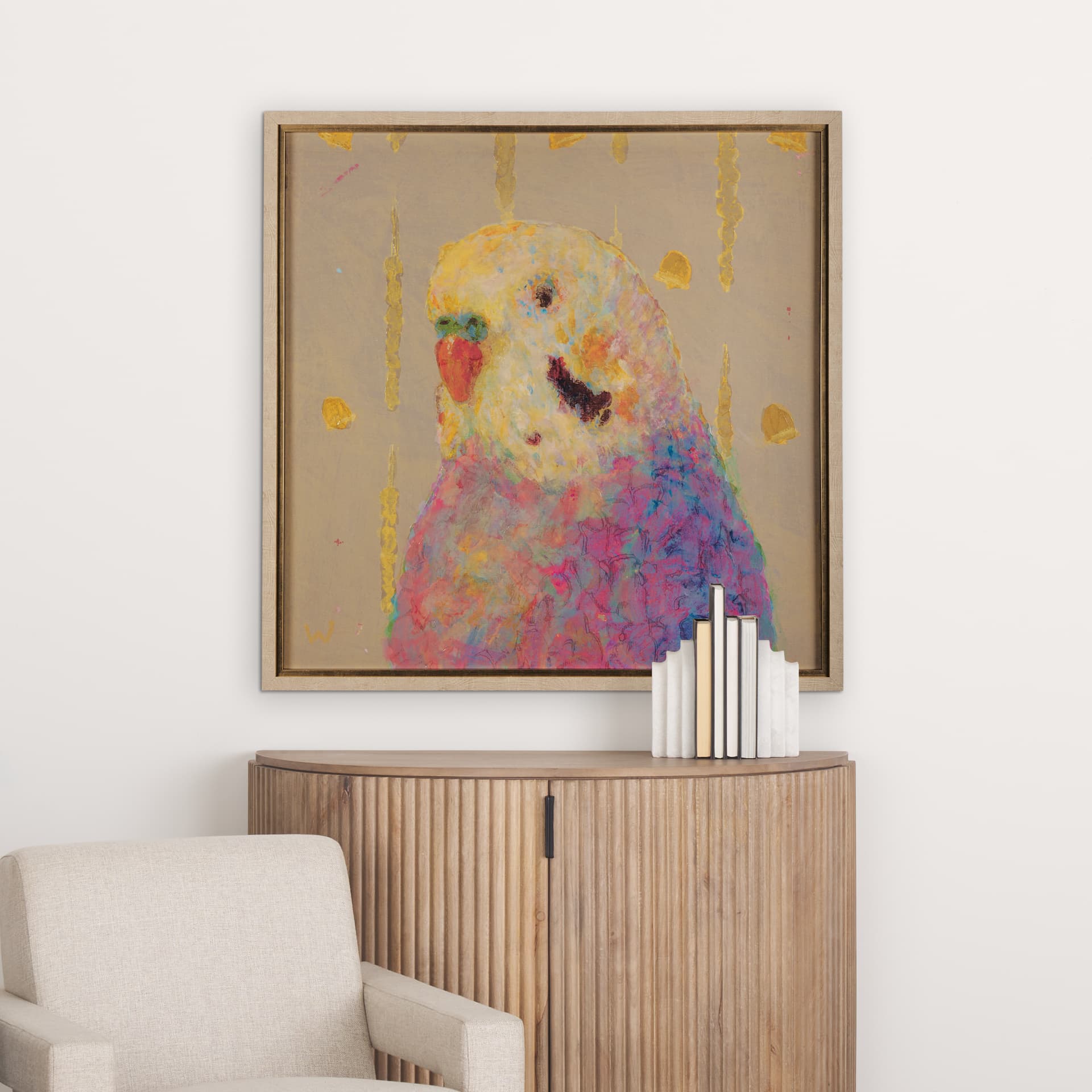 Pop Birds - Flight by Mercana Studio Hand Embellished Textured Framed Art Print Matted under Glass — in a styled room