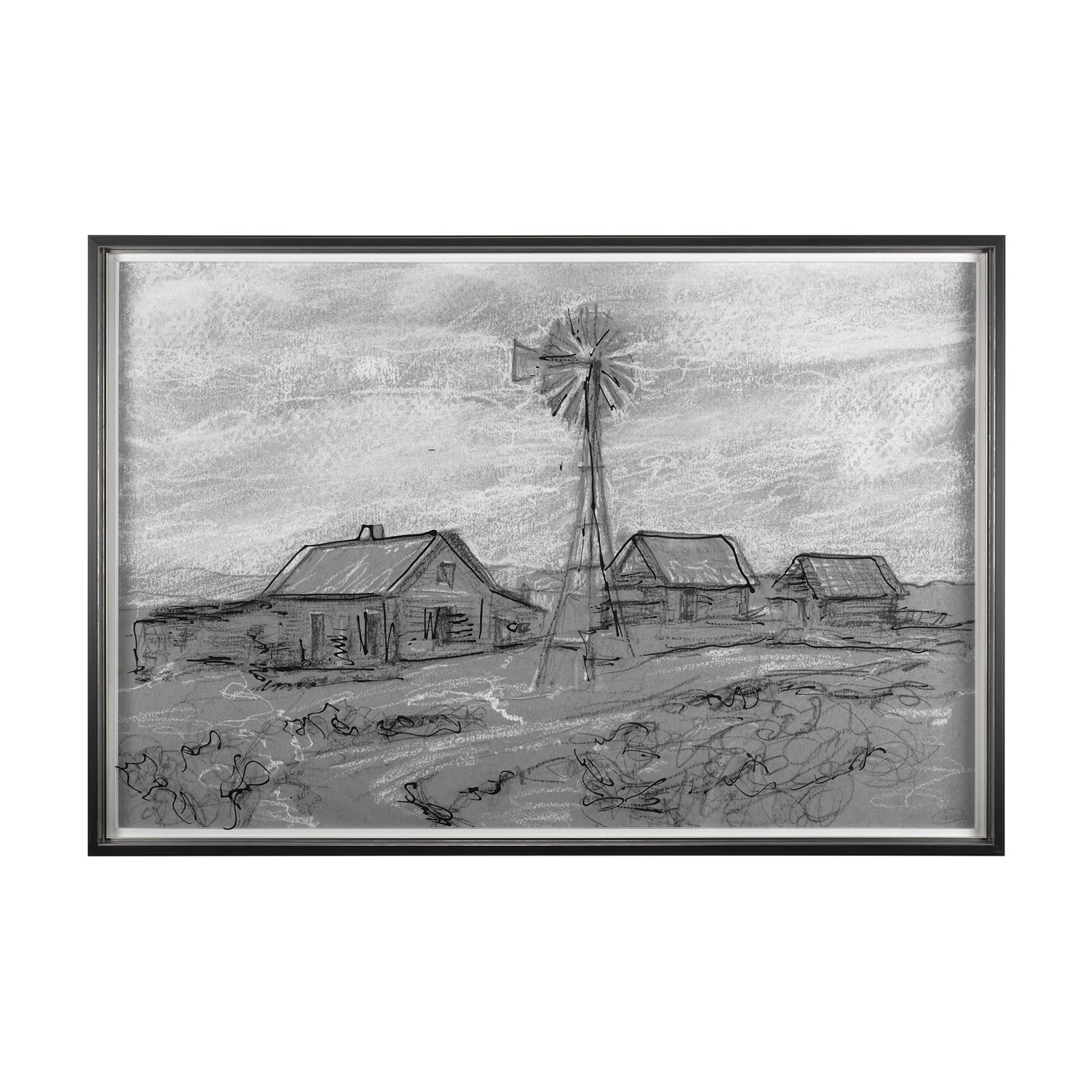 Farm view sketch I by Mercana Studio a Hand Embellished Textured Framed Art Print Matted under Glass — product photograph