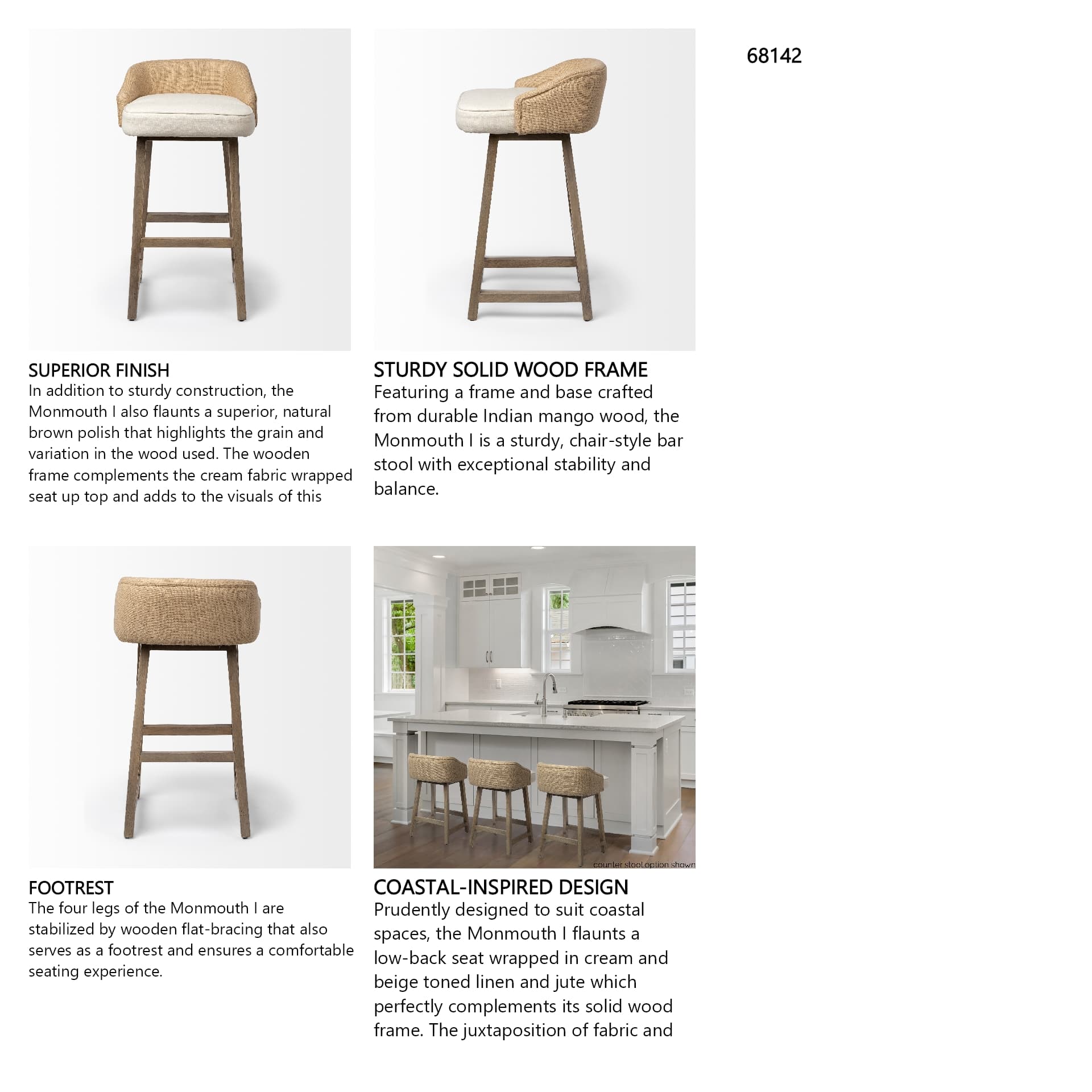 Monmouth Low Back 30in Seat Bar Stool | Cream Fabric w/ Brown Wood — product photograph