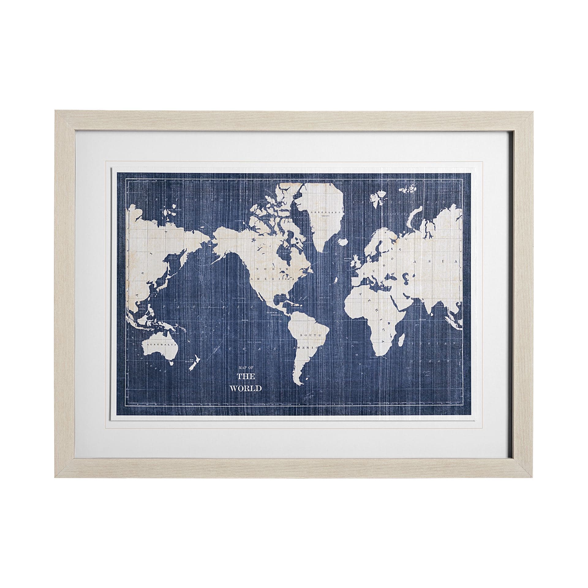 Blueprint World Map by Sue Schlabach a Hand Embellished Textured Framed Art Print Matted under Glass — product photograph