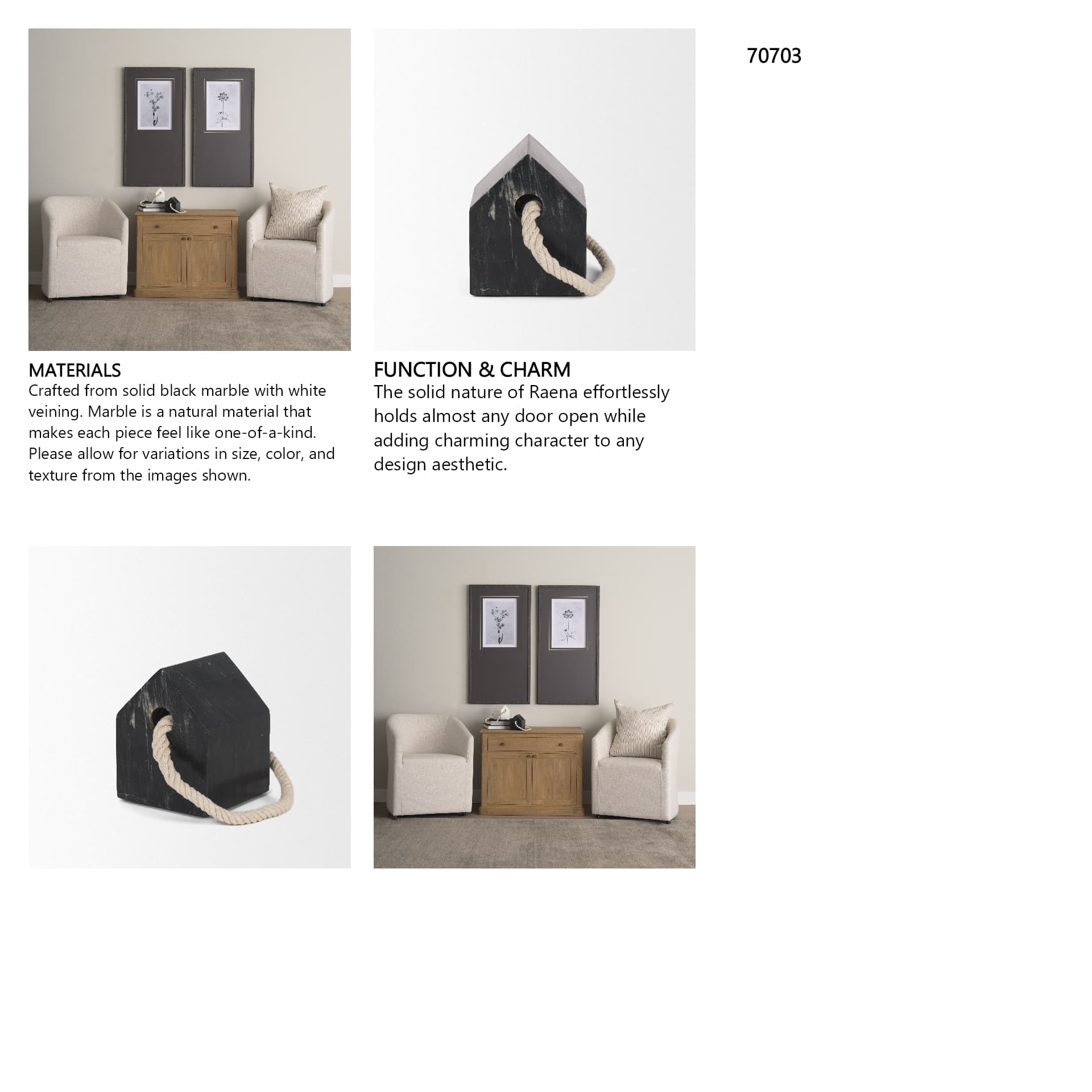 Raena Black Marble House Door Stopper — in a styled room