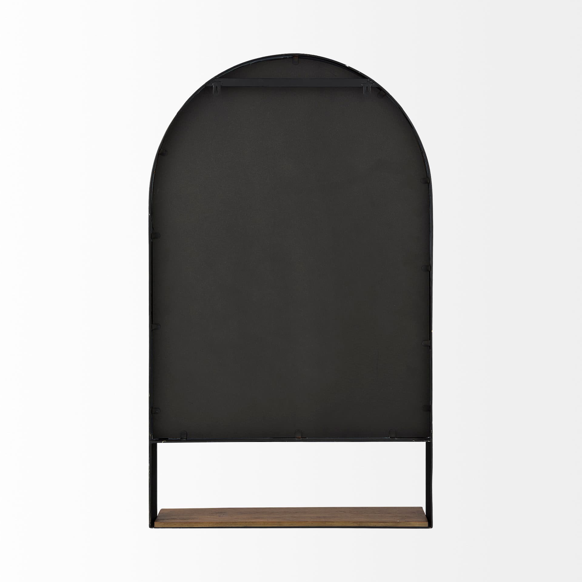 Cora 24.0L x 3.9W x 40.0H Black Metal Frame W/ Brown Wooden Shelf Arched Wall Mirror — product photograph