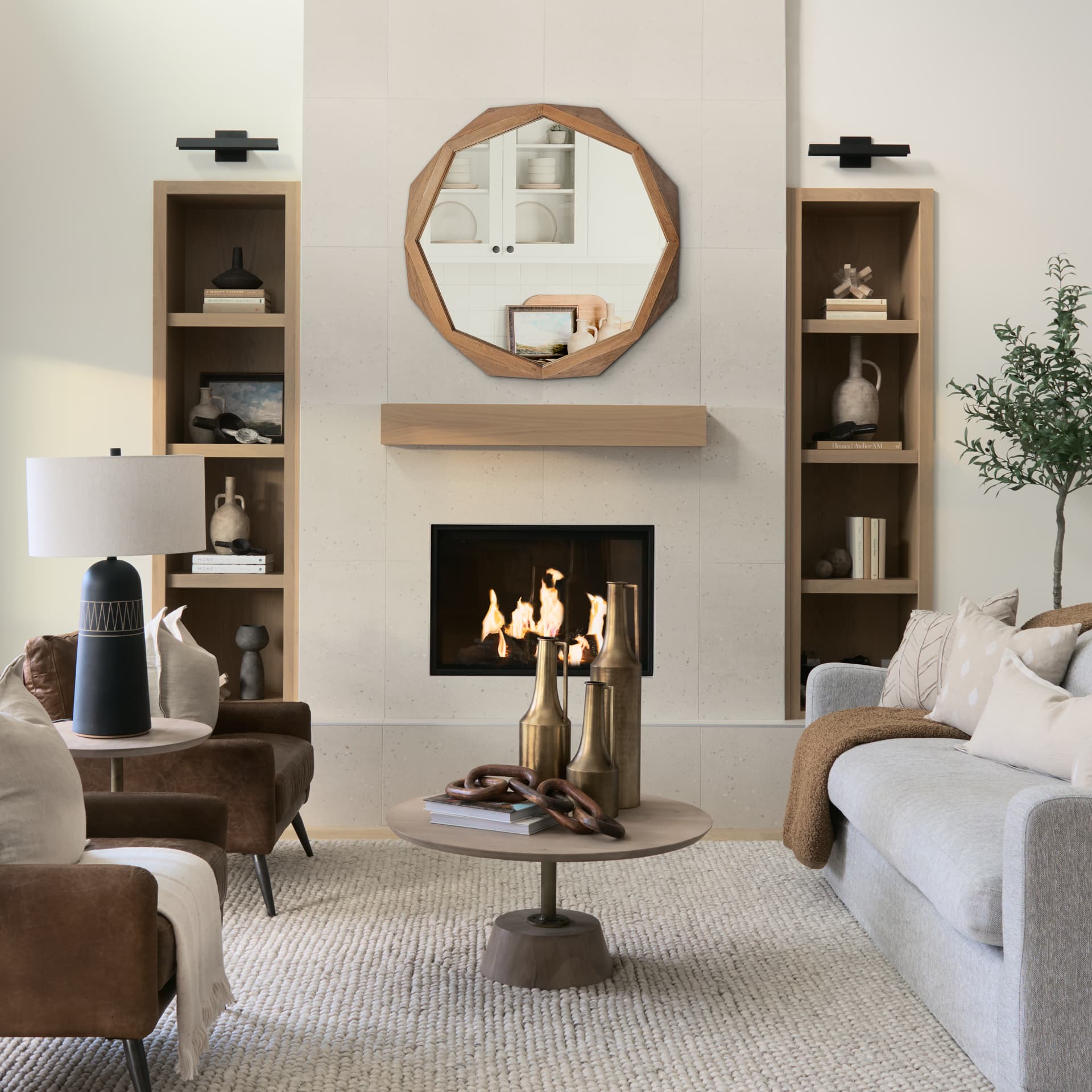 Aramis II 41L x 41H Octagon Brown Wood Frame Wall Mirror — product photograph