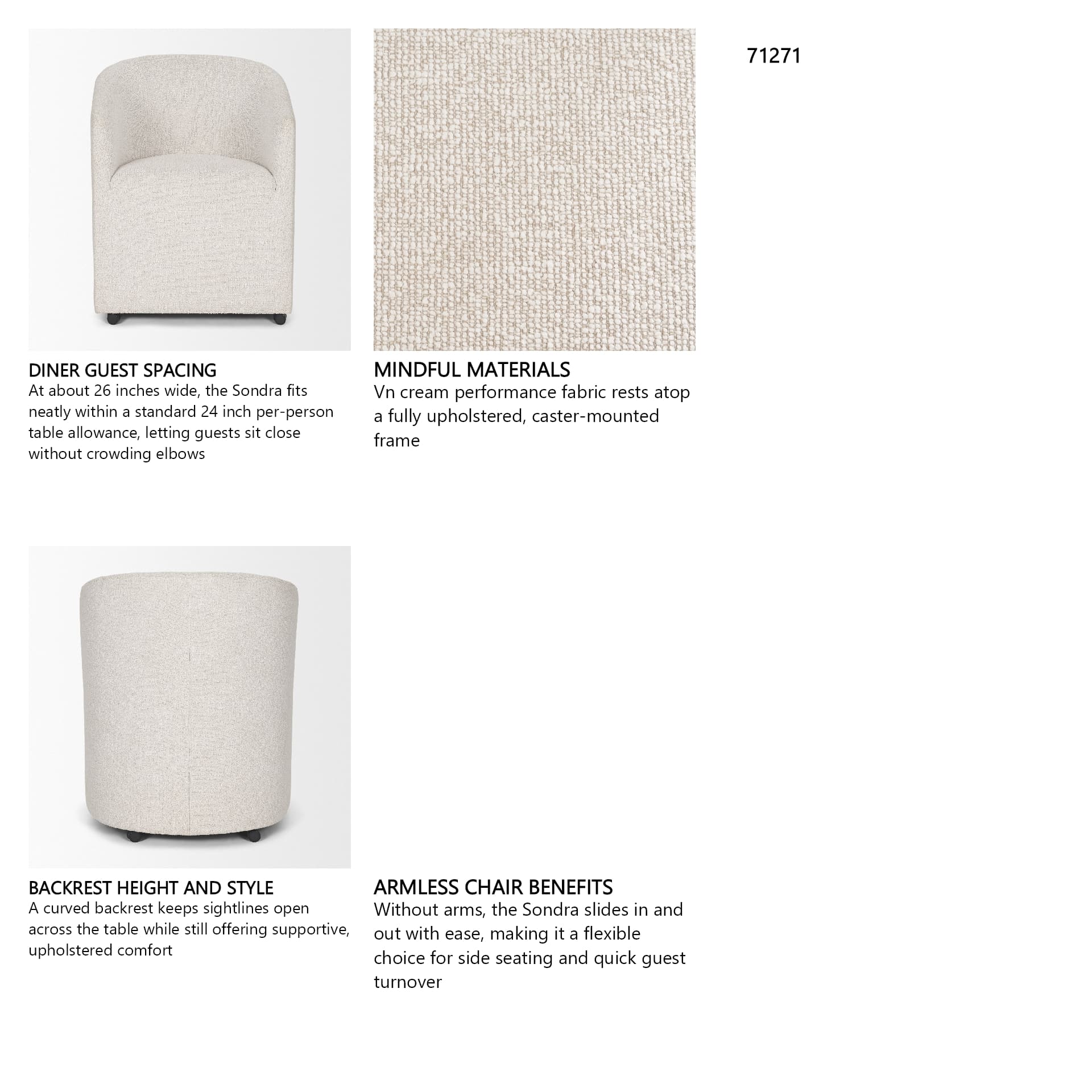 Sondra Barrel Back Dining Arm Chair | Cream Fabric w/ Wood — in a styled room