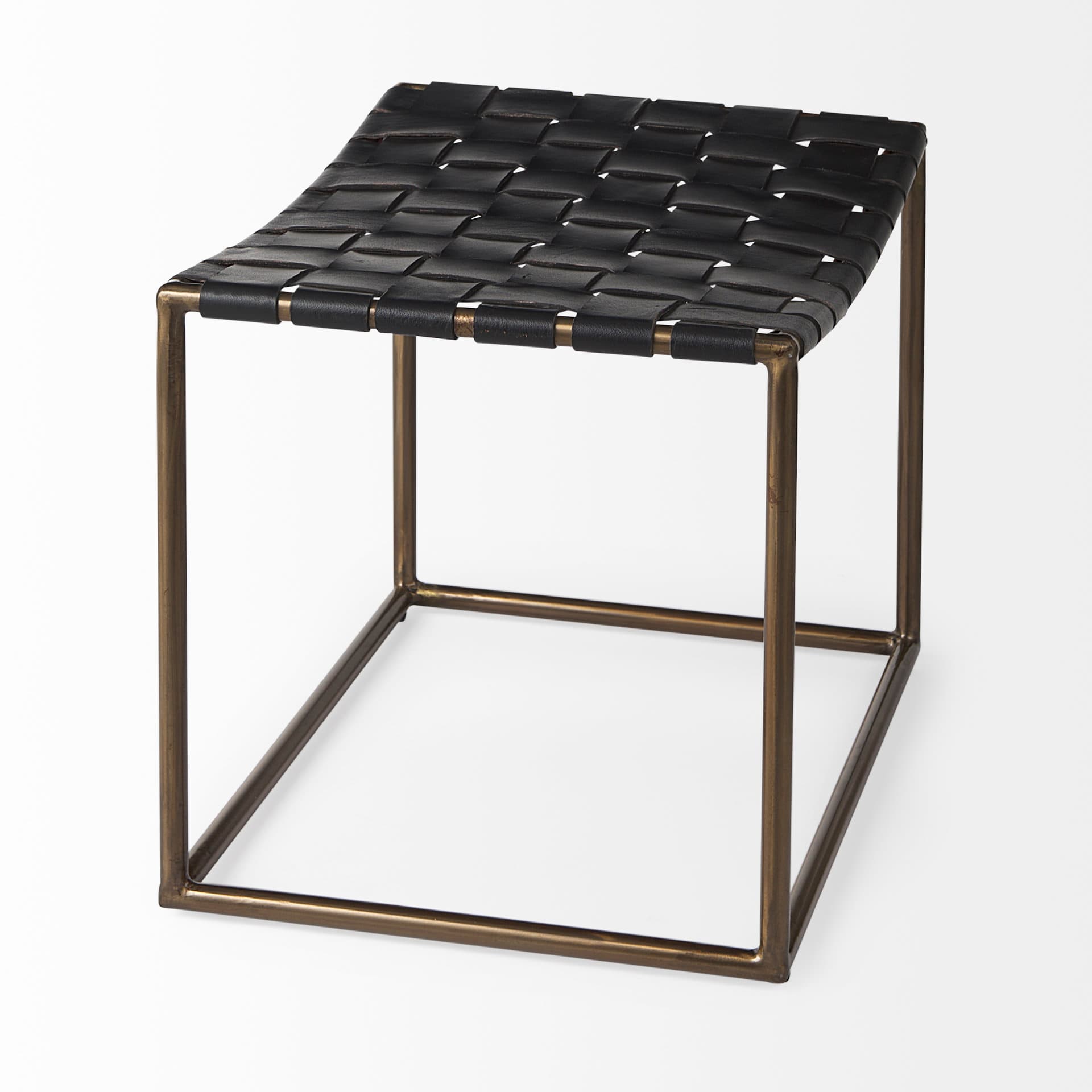 Clarissa 22.0L x 16.0W x 16.75H Black Leather Woven Seat W/ Gold Metal Frame Stool — product photograph