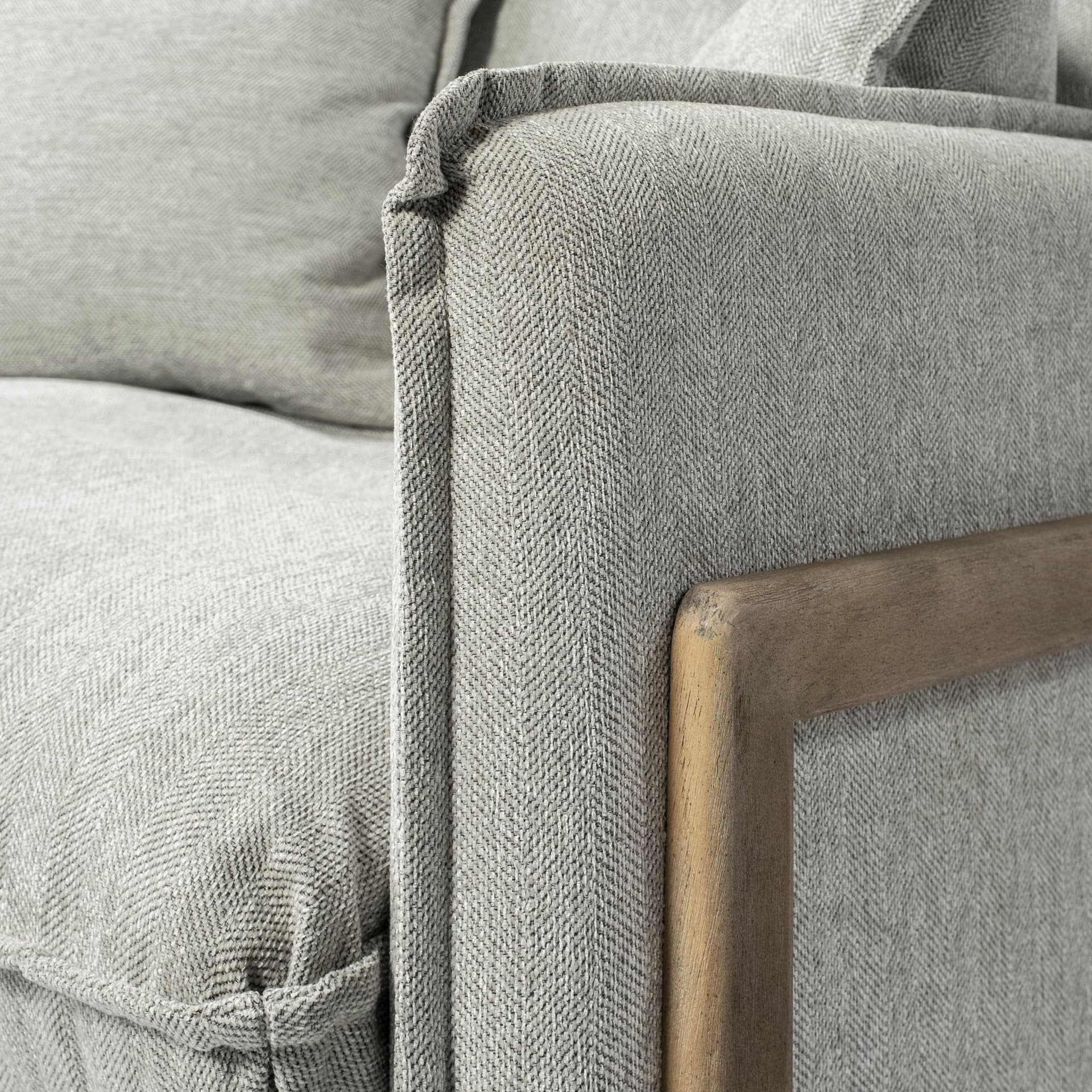 Roy II Frost Gray Upholstered and Brown Wood Frame Arm Chair — product photograph