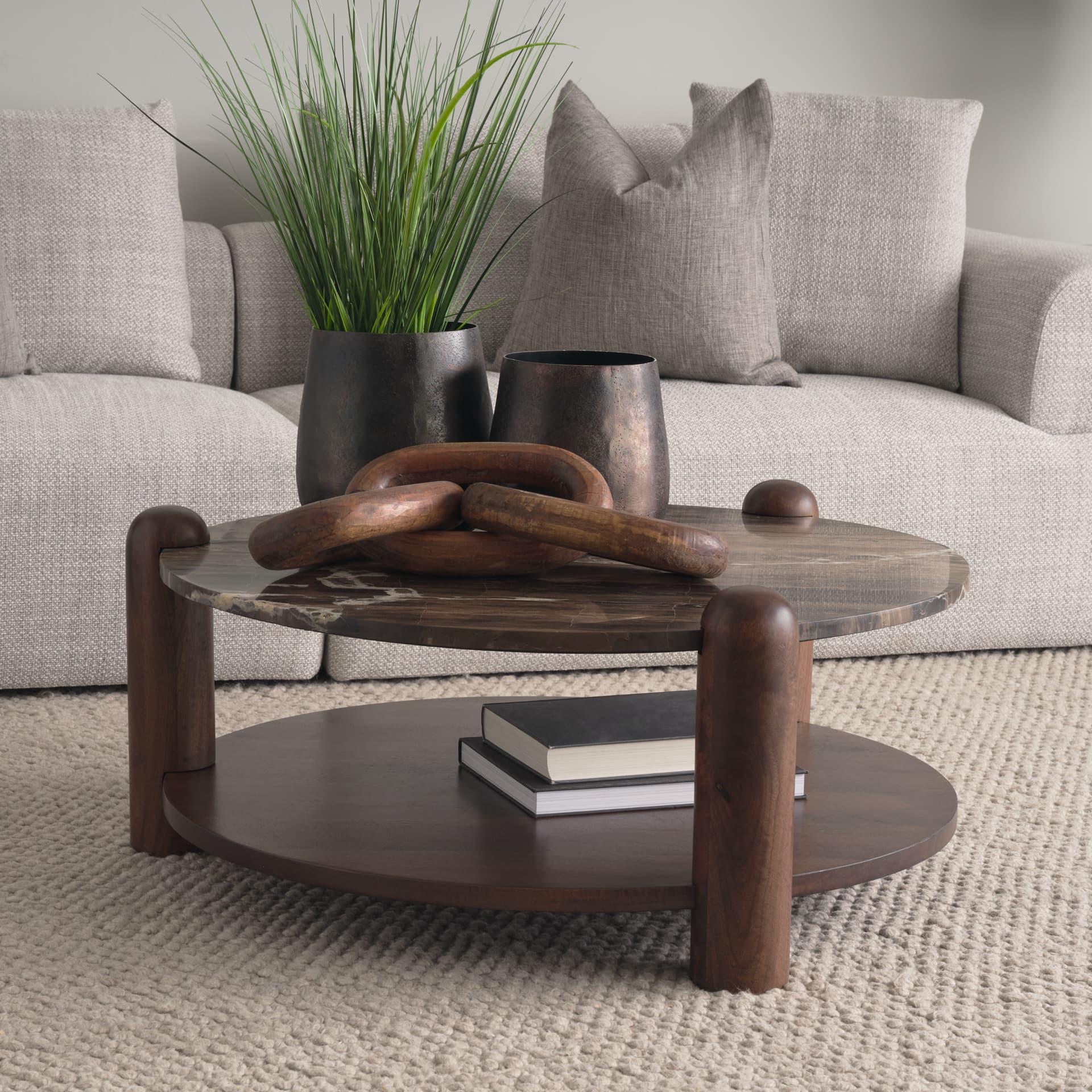 Jovia Brown Mango Wood W/ Cappuccino Marble Round Coffee Table — product photograph