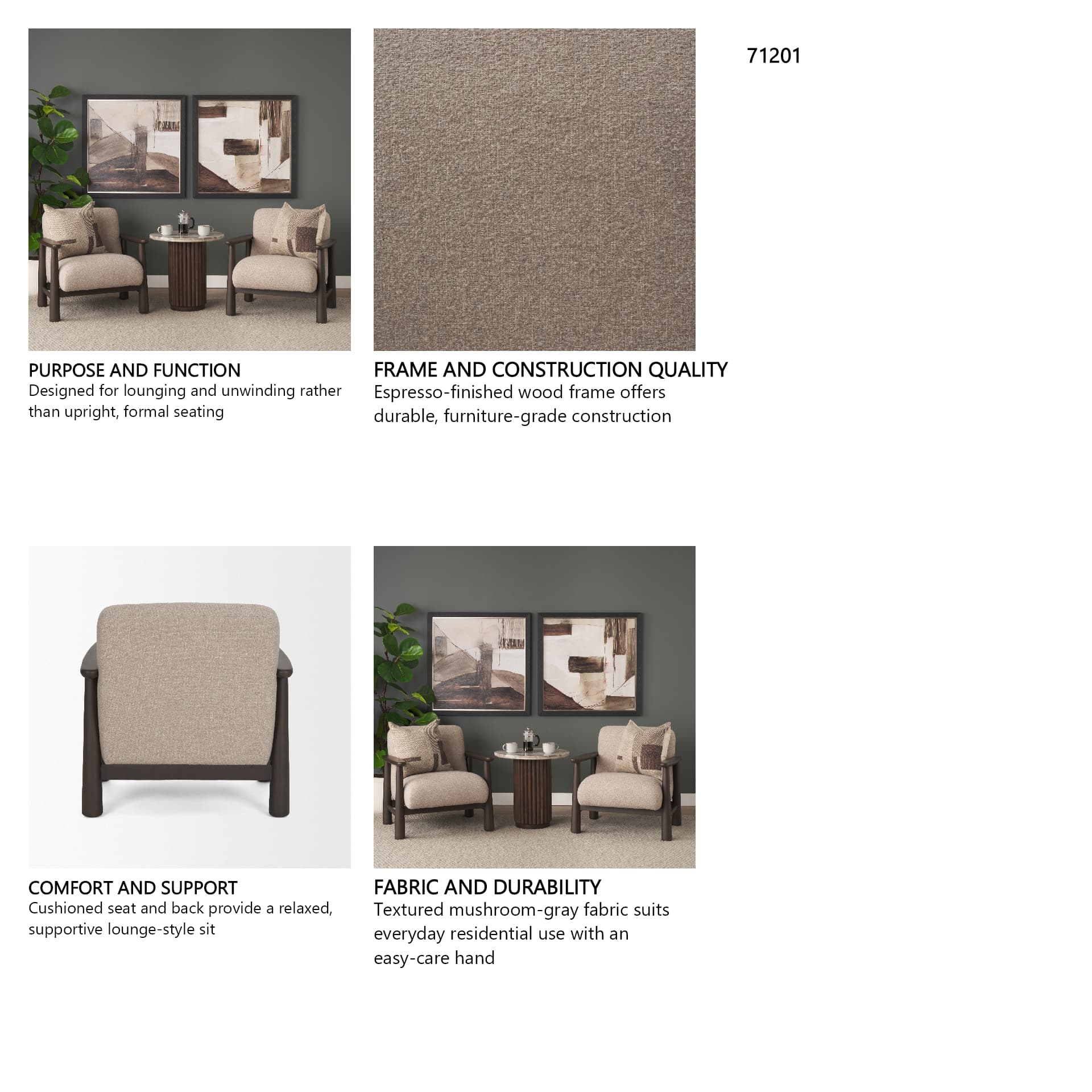 Willmar Textured Mushroom Gray Fabric Espresso Brown Wood Accent Lounge Chair — in a styled room