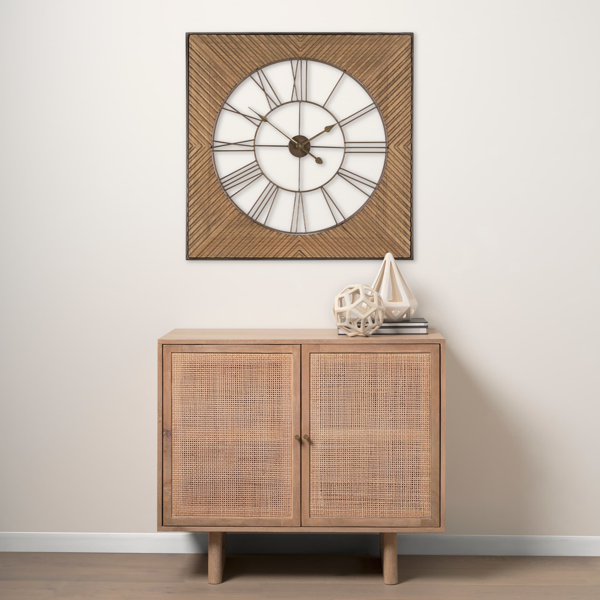 Rondell Light Brown Wood W/ Gold Metal Wall Clock — in a styled room