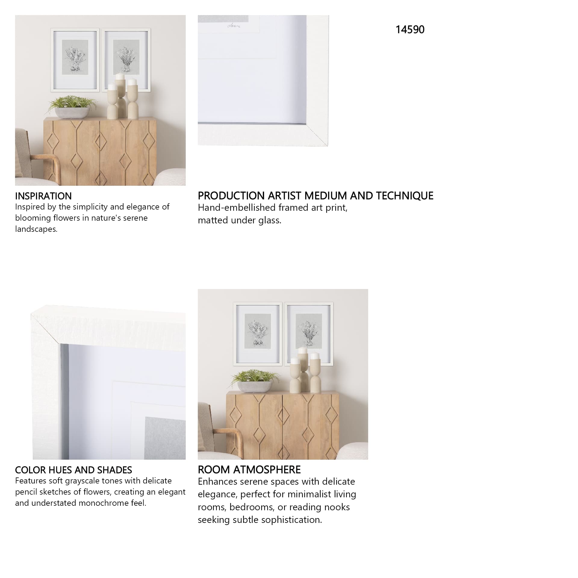 Botanical sketches V (Grey) by Mercana Studio Hand Embellished Framed Art Print Matted under Glass — in a styled room