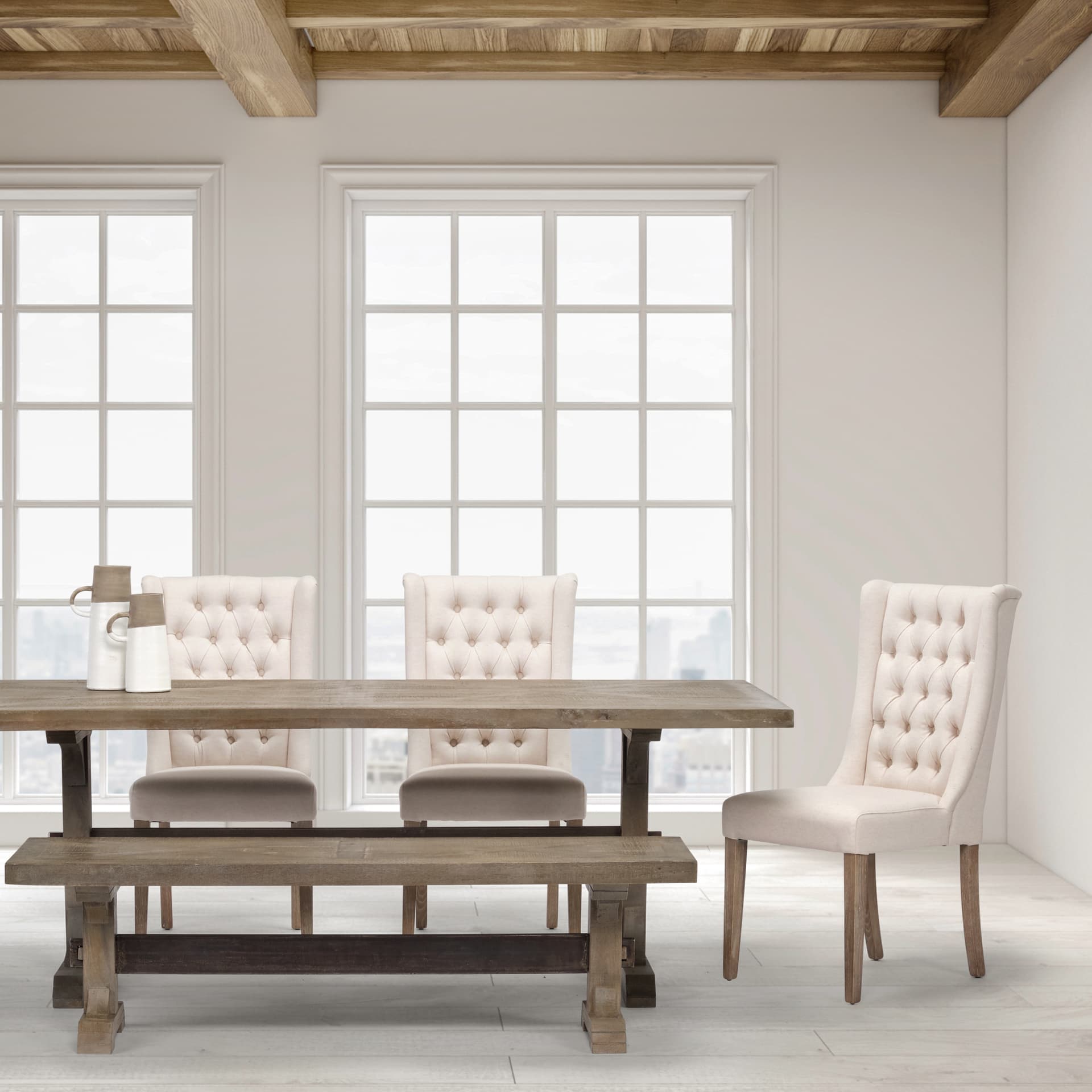 Mackenzie High-Back Dining Side Chair | Cream Plush Linen w/ Ash Wood — product photograph