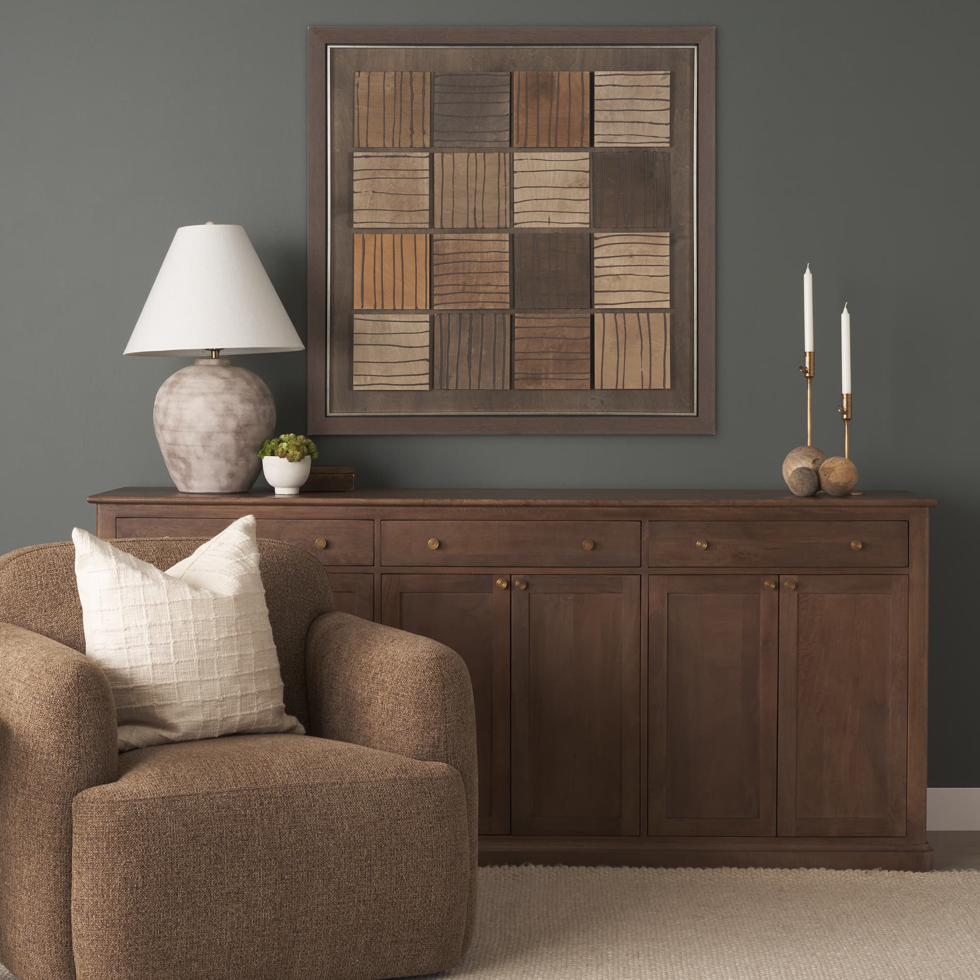 Timber Mosaic II by Mercana Studio Handmade Original Framed Artwork Matted — in a styled room