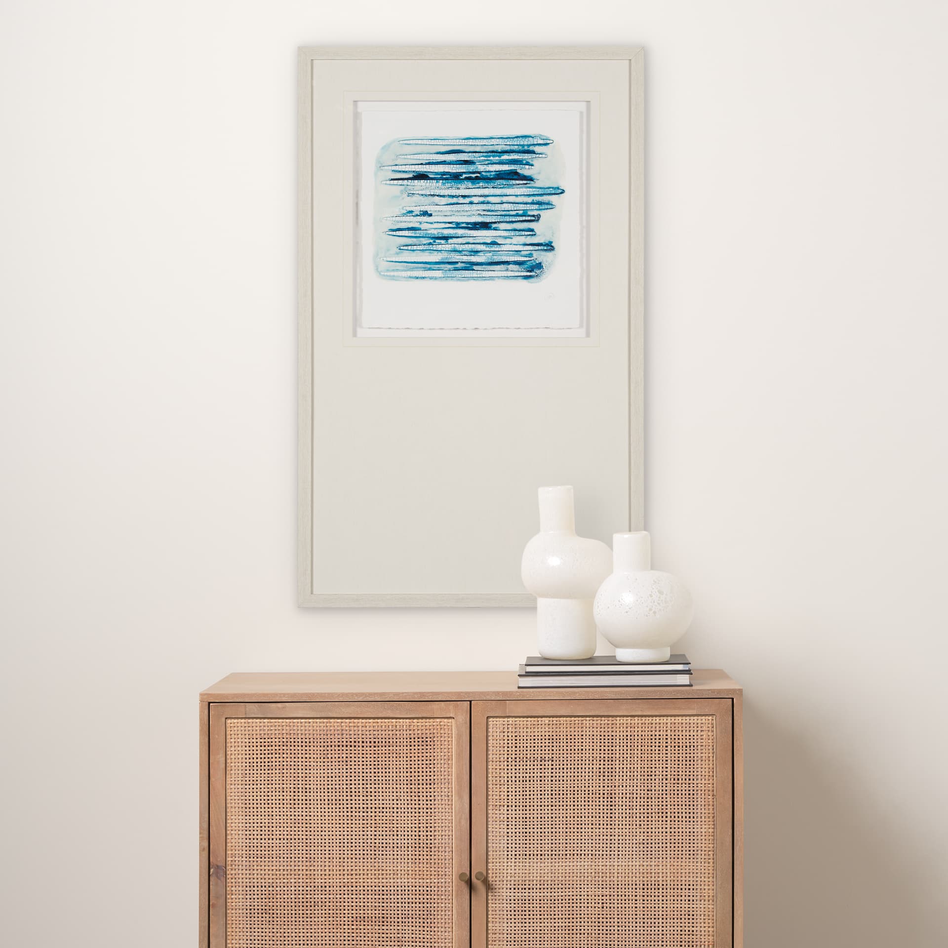 Calm River Blue I by Studio M a handmade Original Framed Artwork under Glass — in a styled room