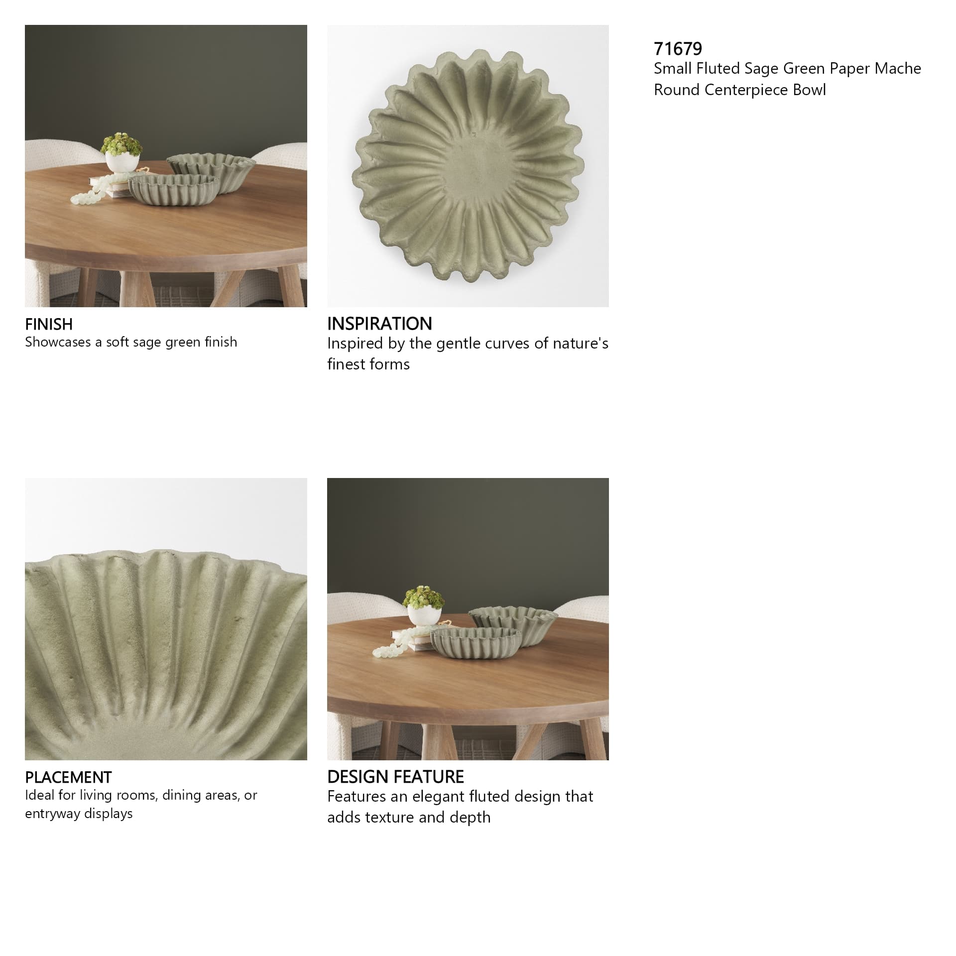 Camelia Small Fluted Sage Green Paper Mache Round Centerpiece Bowl — in a styled room