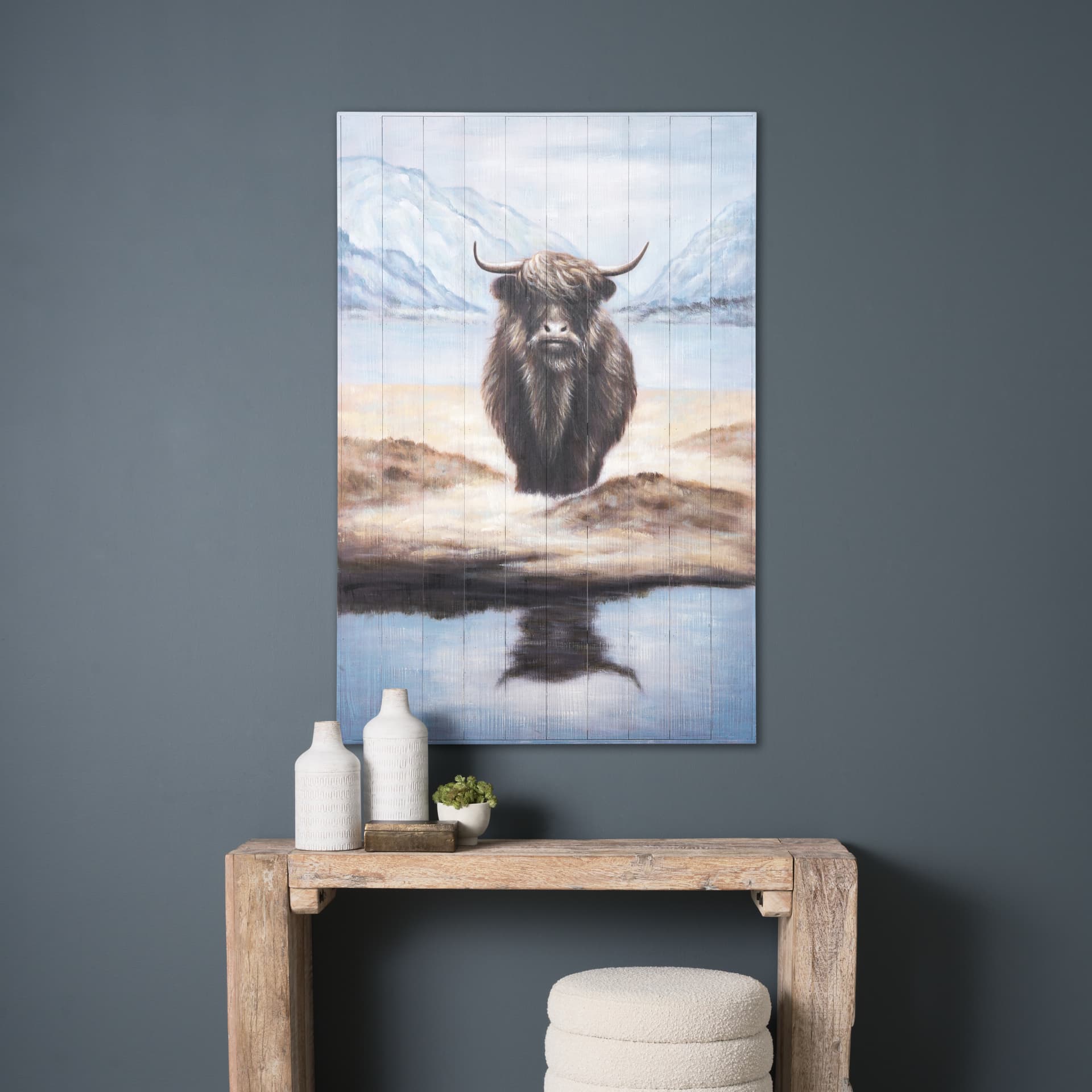 Wild Ox Painting on Wood — in a styled room