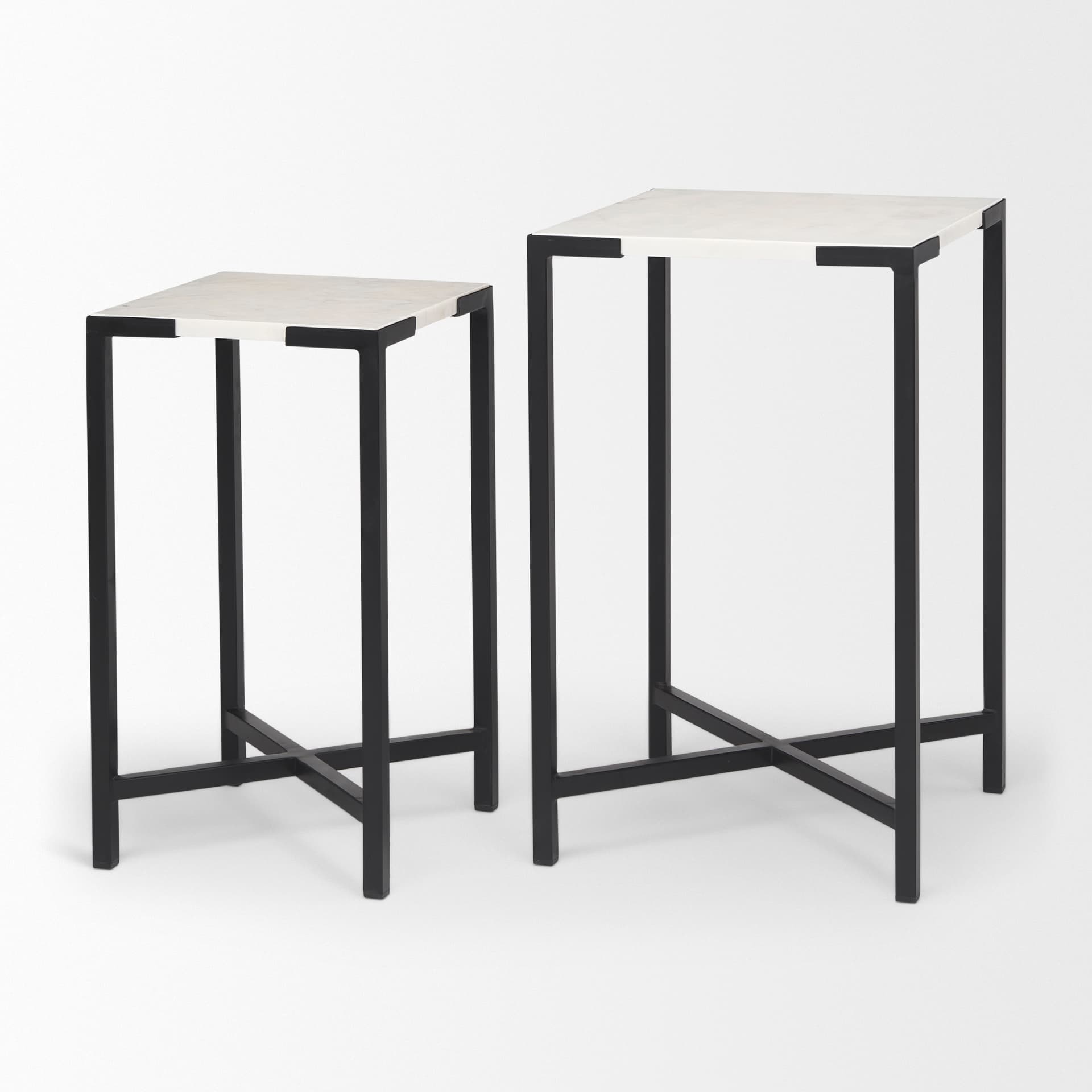 Lucas III (Set of 2) 15L x 15W; 12L x 12W White Marble W/Black Iron Frame Accent Tables — product photograph