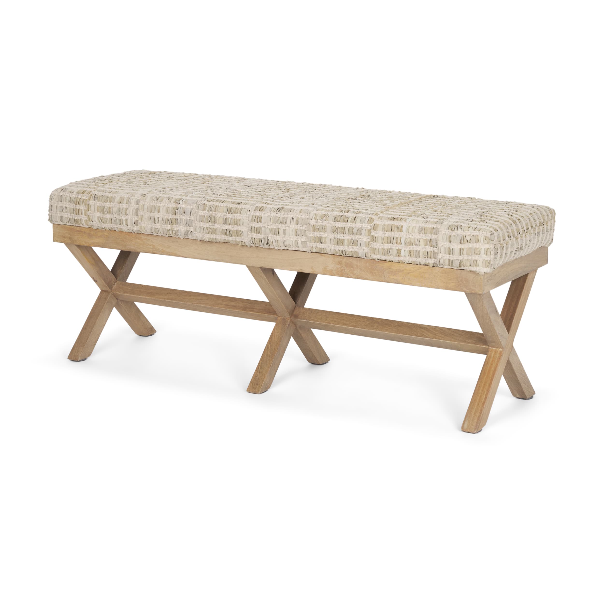 Solis II 50L x 16W Brown Base Beige Woven Leather Cushion Accent Bench — product photograph