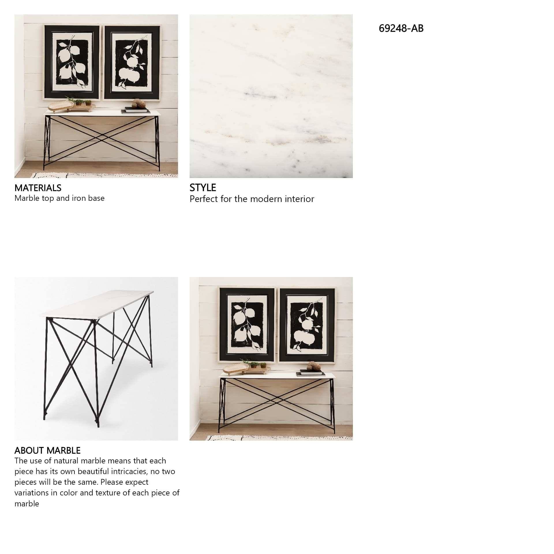 Lorlei Marble Top w/ Gray Iron Base Console Table — in a styled room