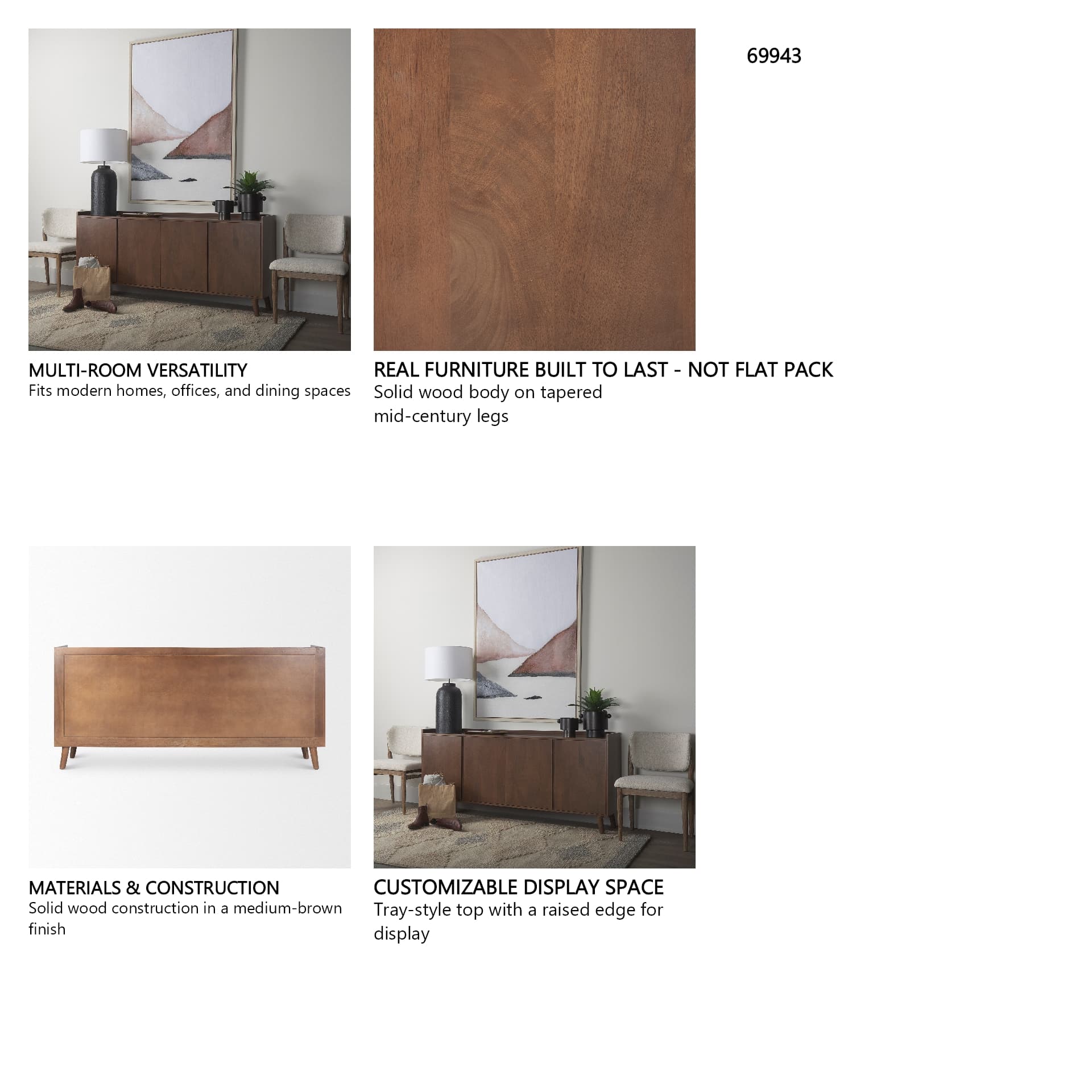 Lillie Medium Brown Wood 4 Door Tray Top Sideboard — in a styled room