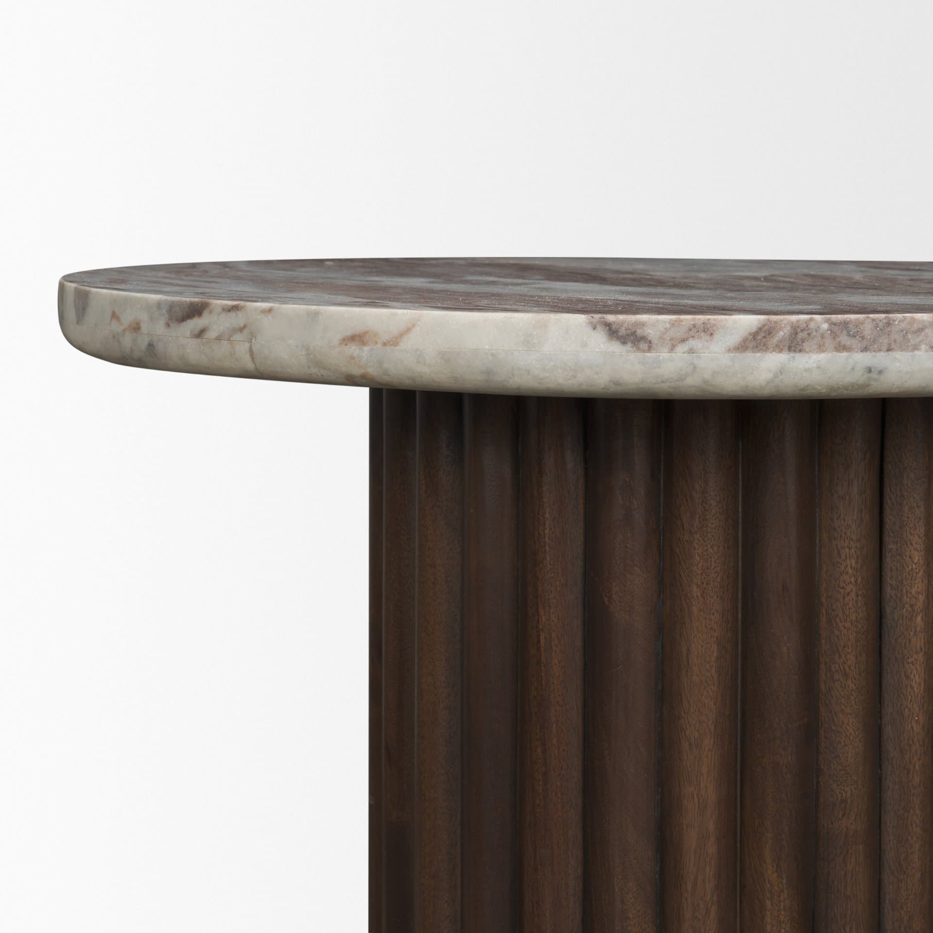 Marbrello Pink Marble Top Espresso Brown Fluted Wood Round Side Table — product photograph