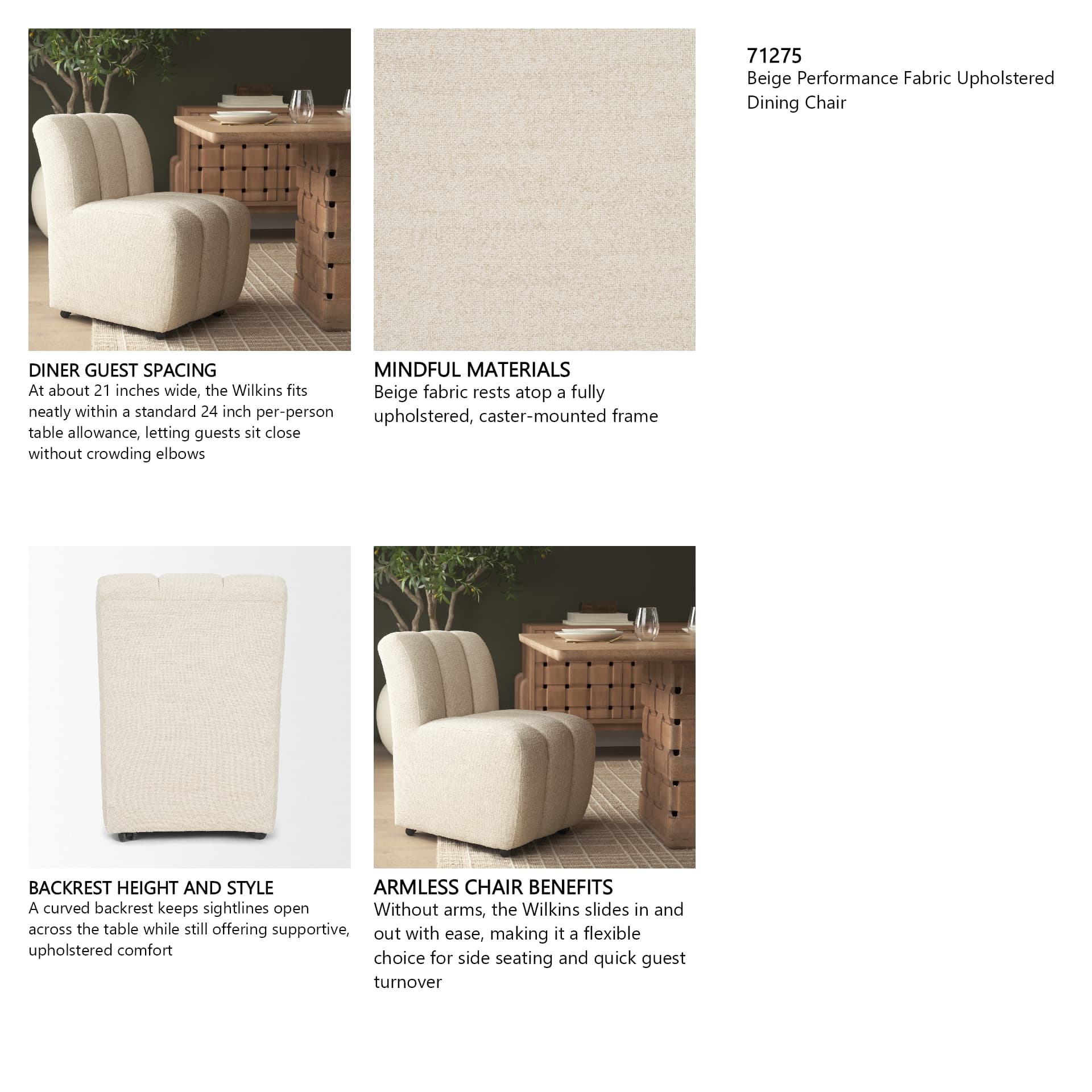Wilkins Barrel Back Dining Arm Chair | Beige Fabric w/ Wood — in a styled room