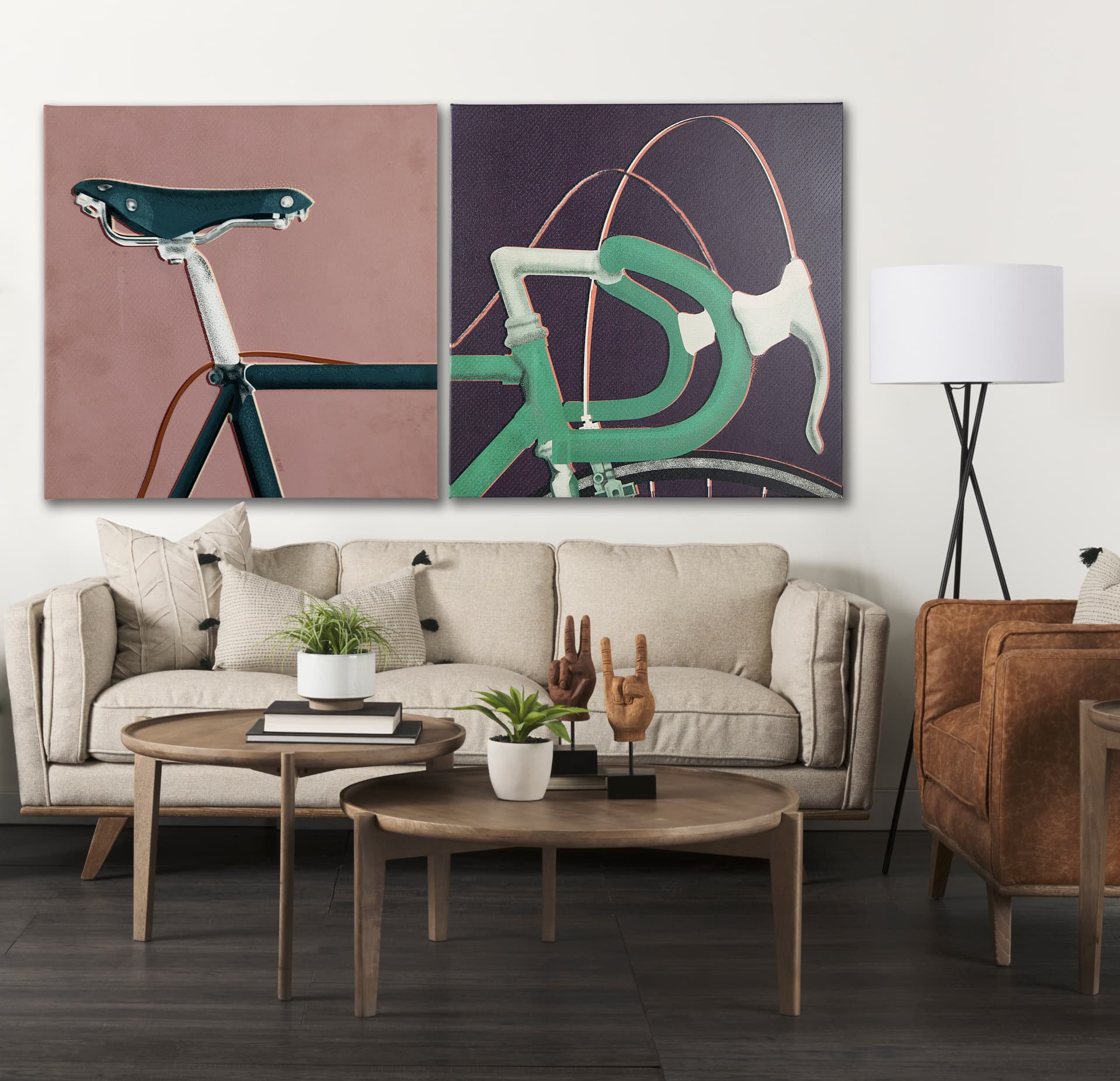 Bike Handle Purple by Alarm a Hand Embellished Textured Canvas — in a styled room