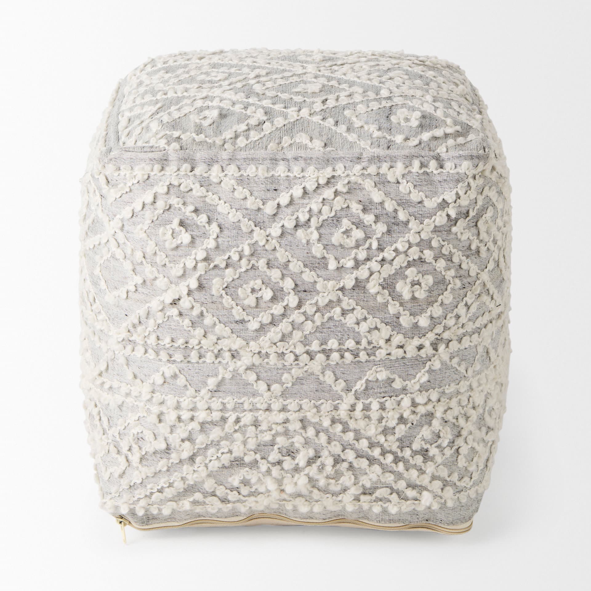 Farida 6.0L x 16.0W x 16.0H Light Gray Wool and Polyester Patterned Pouf — product photograph