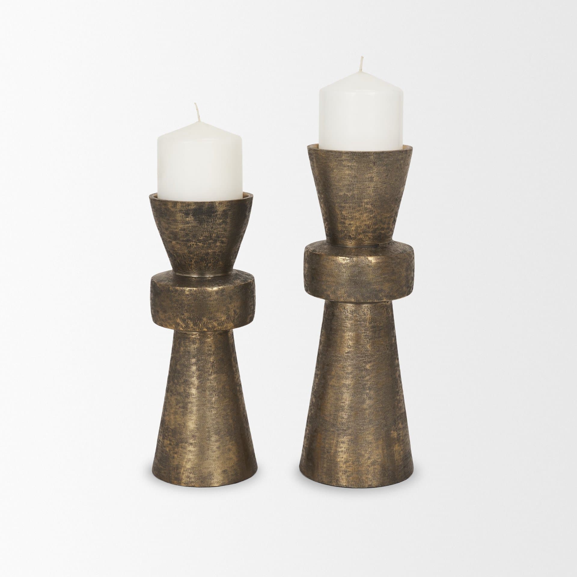 Odilia Large Textured Antiqued Gold Metal Geometric Pillar Candle Holder — product photograph