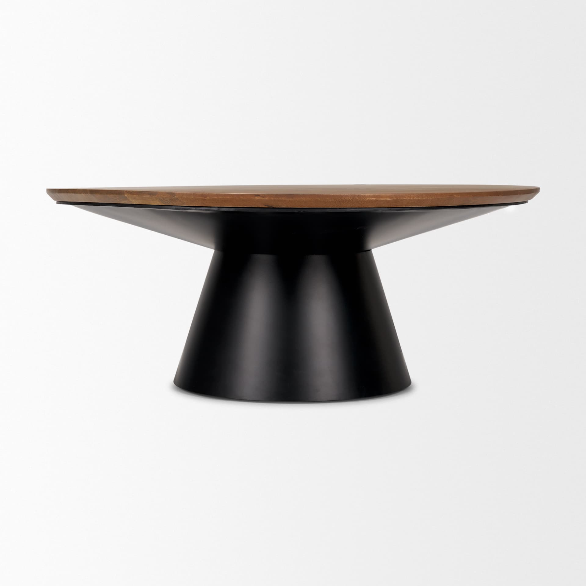 Mitchell 40.0L x 40.0W x 16.0H Black Metal Pedestal Base with Brown Wood Top Coffee Table — product photograph
