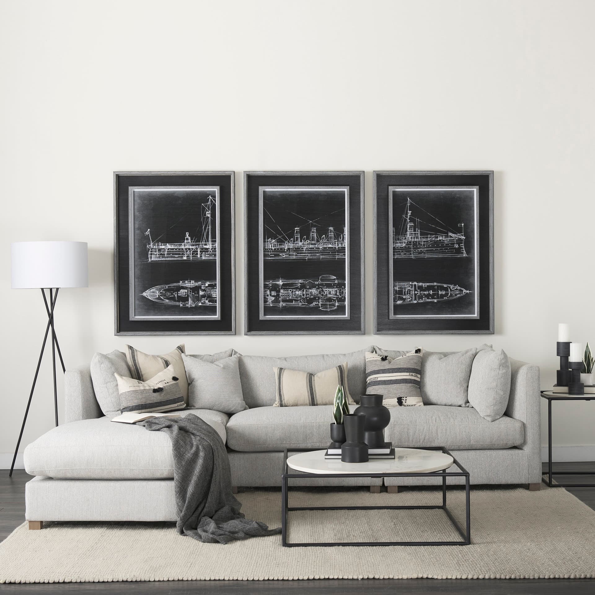 Austen 20L x 20W x 22H Round White Marble Top W/ Black Metal Frame Side Table — in a styled room