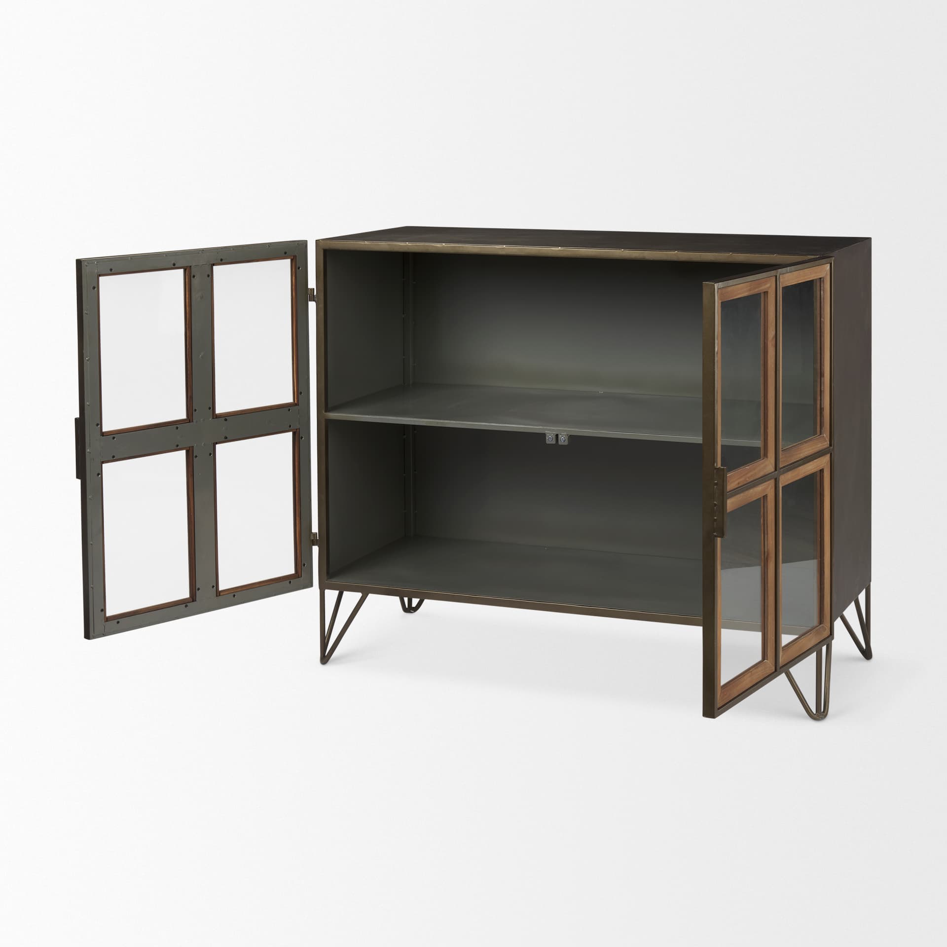 Pandora Dark Brass Metal W/Red Wood 2 Door Accent Cabinet — product photograph